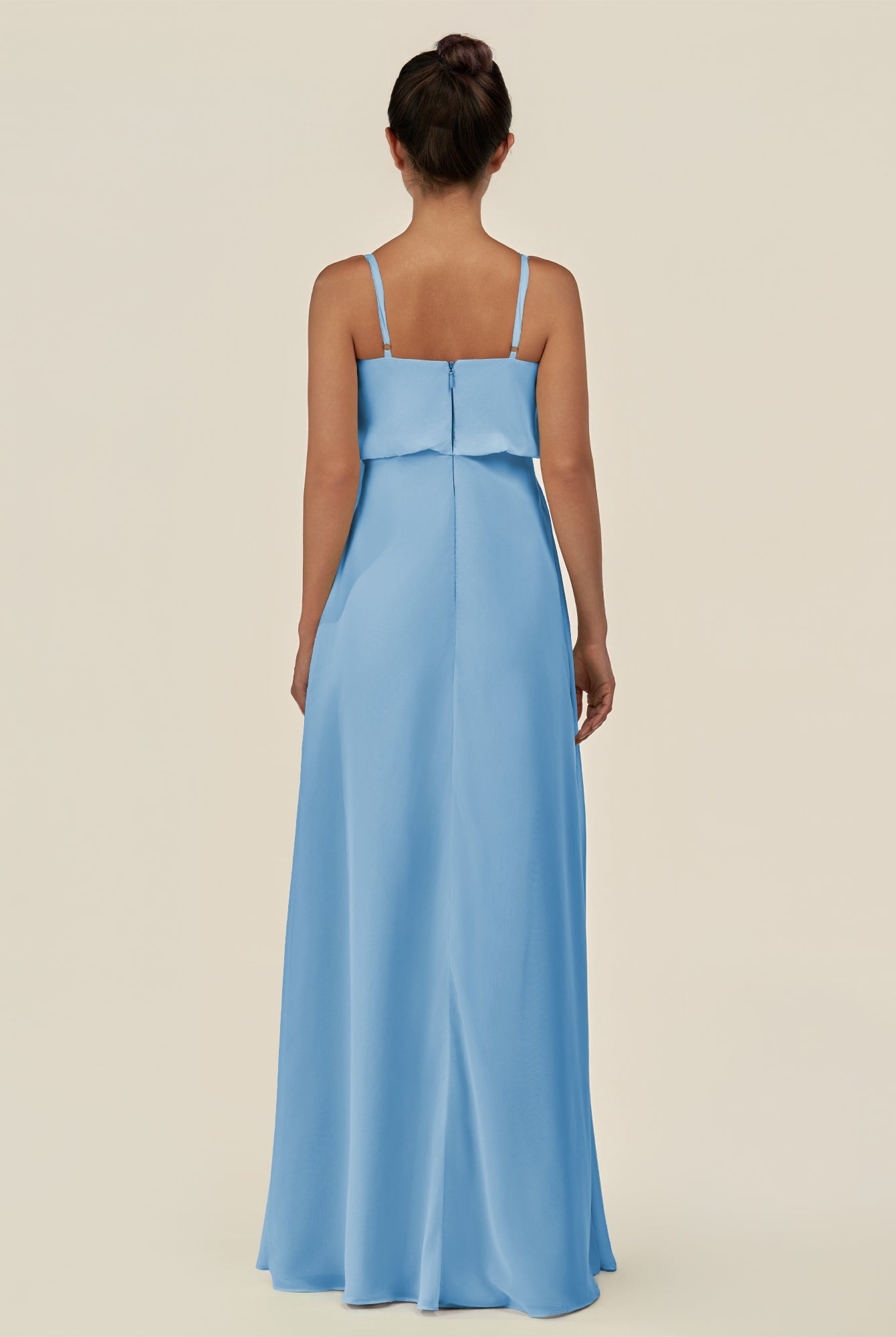 KissDress-Alix Steel Blue A Line Chiffon V Neck Ruffled Overlay Long Bridesmaid Dress