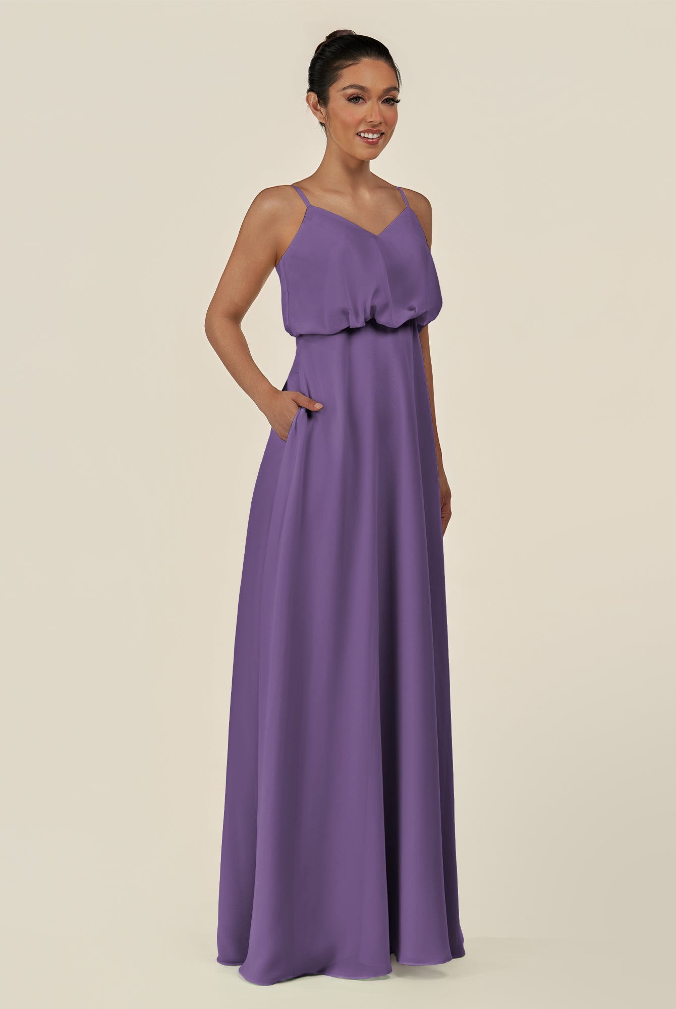 KissDress-Alix Tahiti A Line Chiffon V Neck Ruffled Overlay Long Bridesmaid Dress
