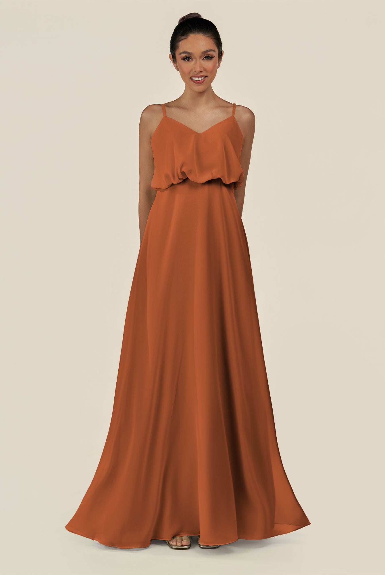 KissDress-Alix Terracotta A Line Chiffon V Neck Ruffled Overlay Long Bridesmaid Dress