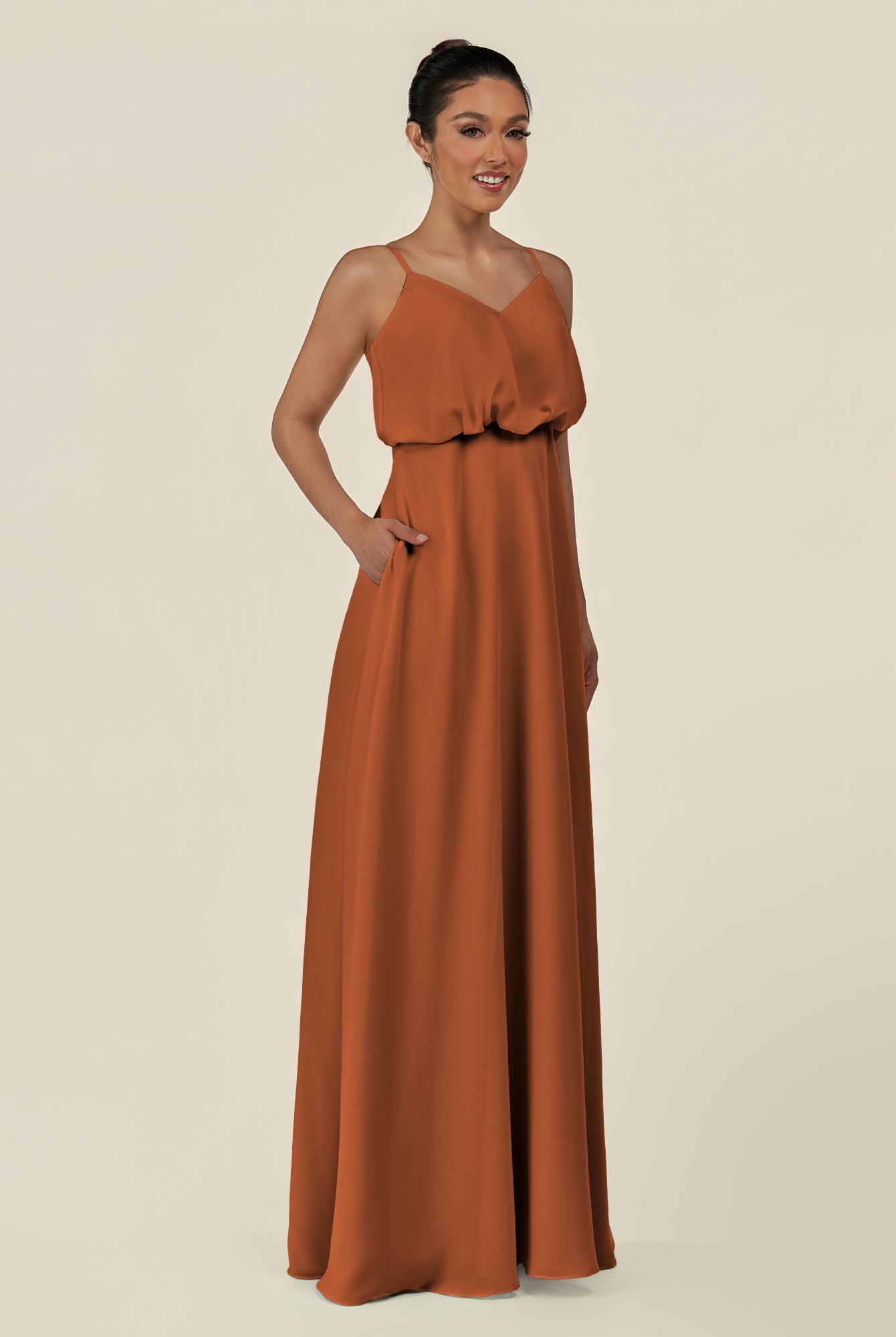 KissDress-Alix Terracotta A Line Chiffon V Neck Ruffled Overlay Long Bridesmaid Dress