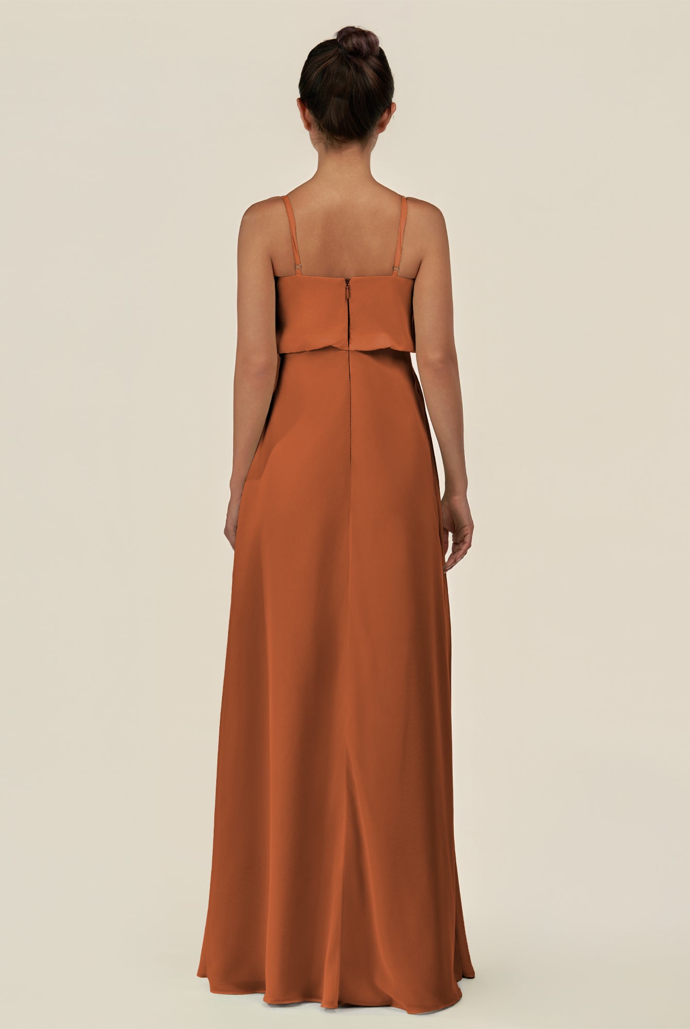KissDress-Alix Terracotta A Line Chiffon V Neck Ruffled Overlay Long Bridesmaid Dress