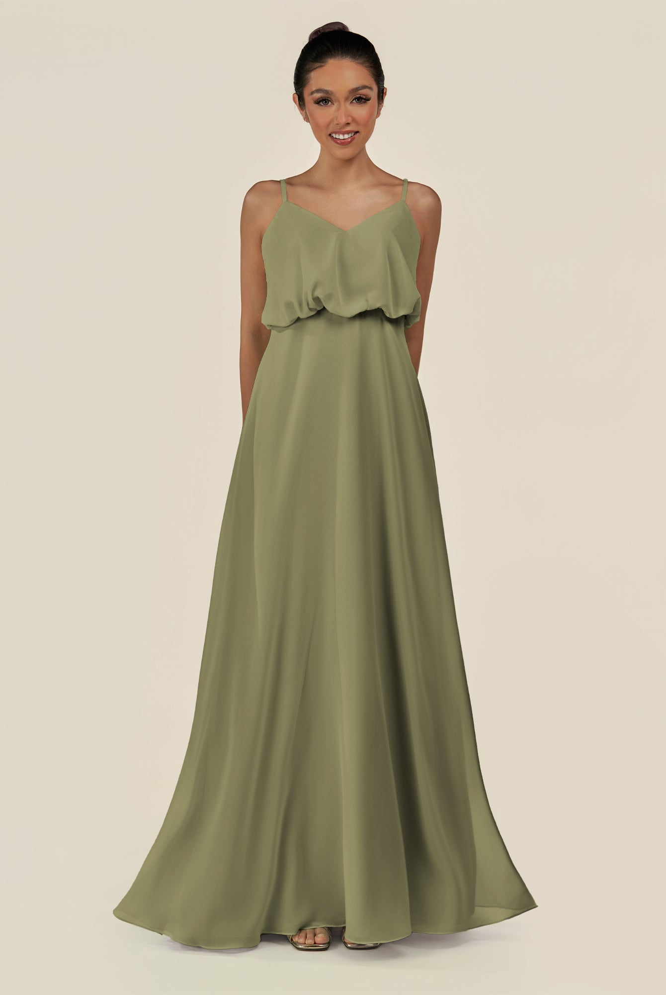 KissDress-Alix Thyme A Line Chiffon V Neck Ruffled Overlay Long Bridesmaid Dress