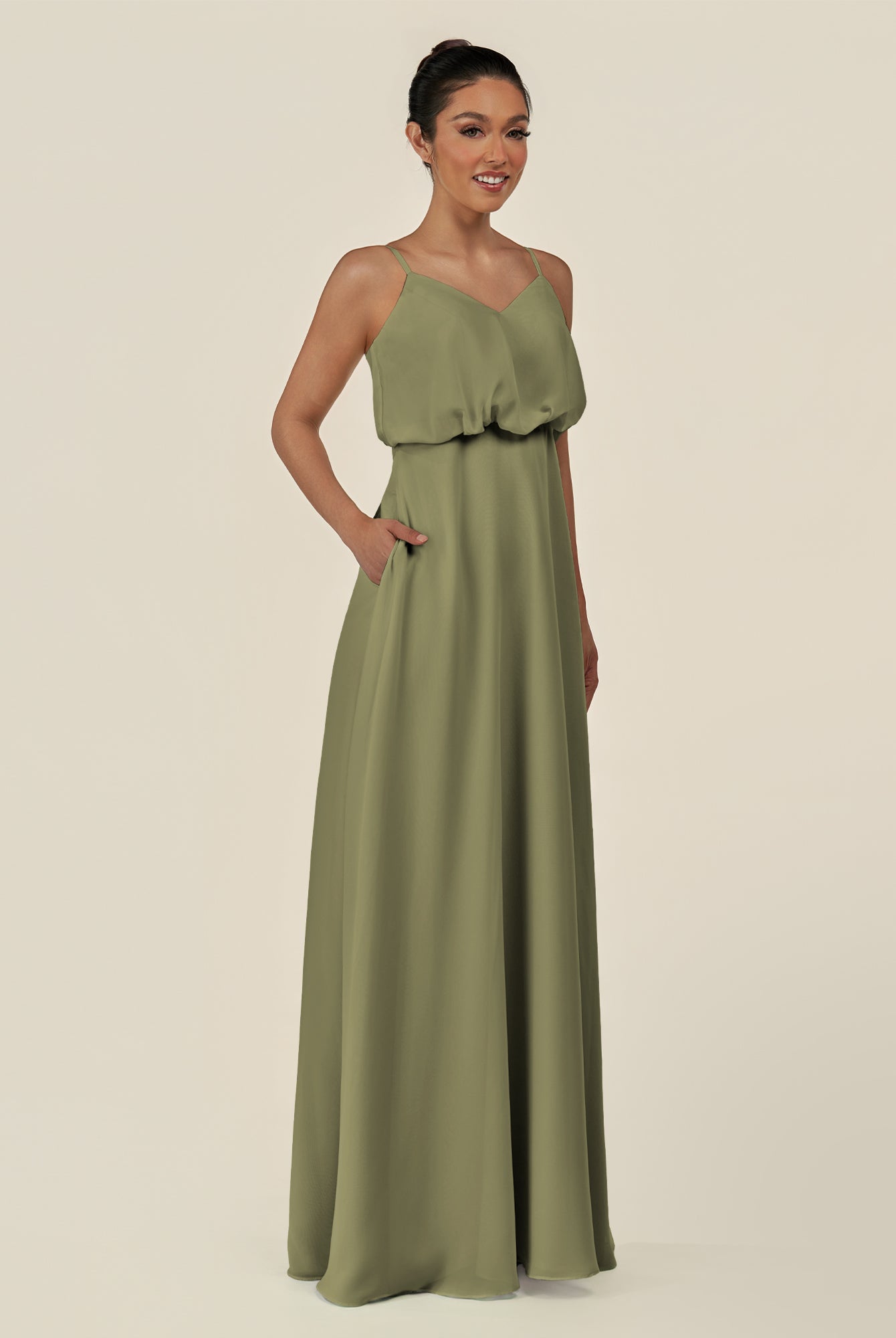 KissDress-Alix Thyme A Line Chiffon V Neck Ruffled Overlay Long Bridesmaid Dress