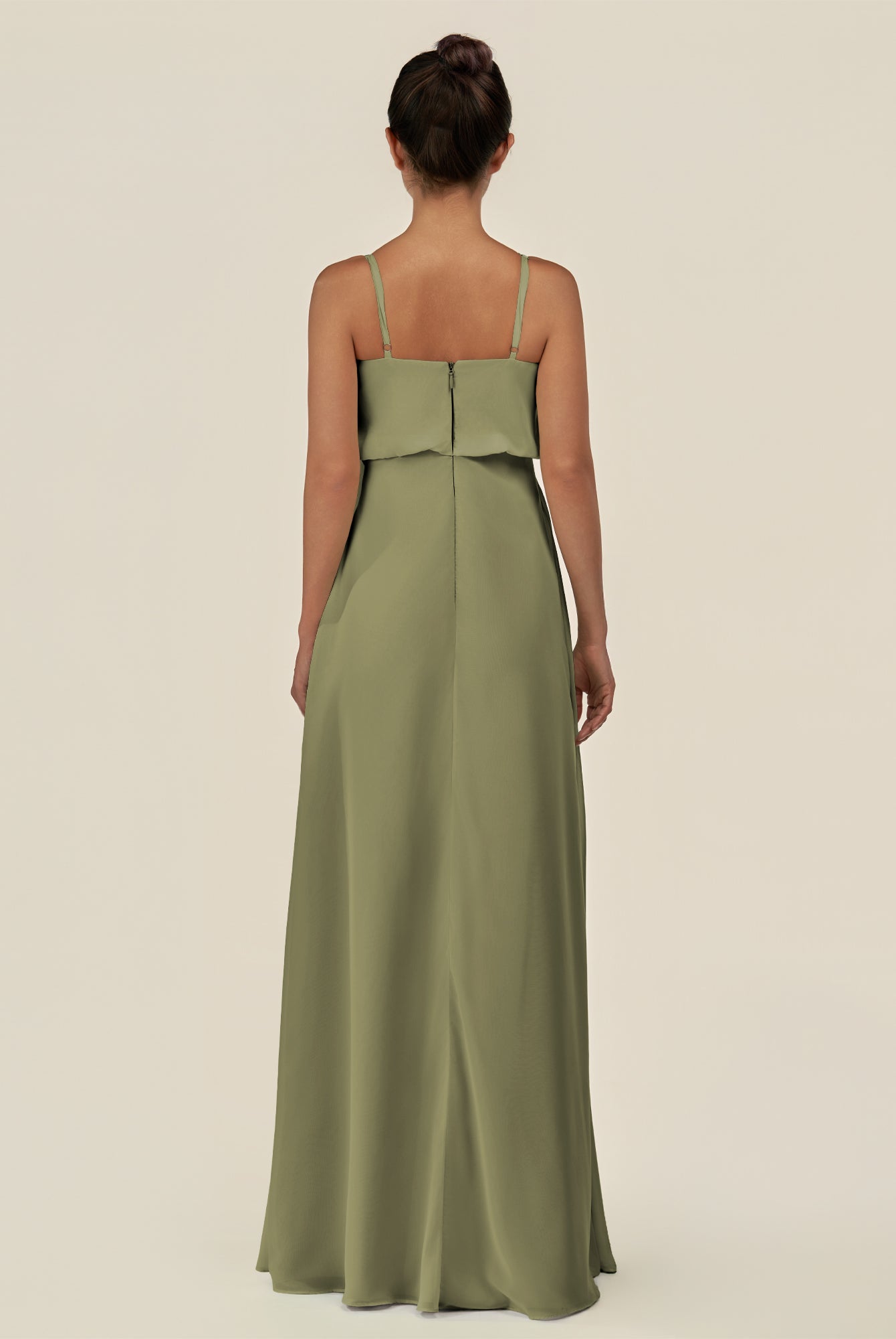 KissDress-Alix Thyme A Line Chiffon V Neck Ruffled Overlay Long Bridesmaid Dress