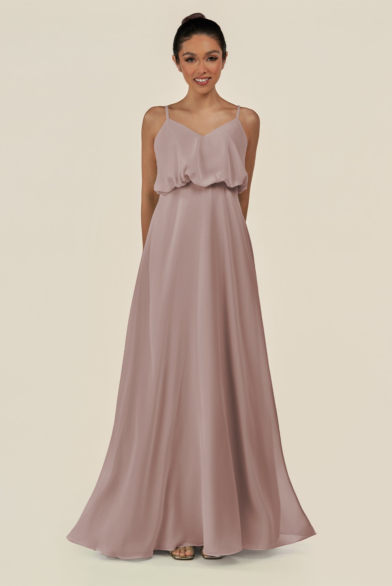 KissDress-Alix Toffee A Line Chiffon V Neck Ruffled Overlay Long Bridesmaid Dress