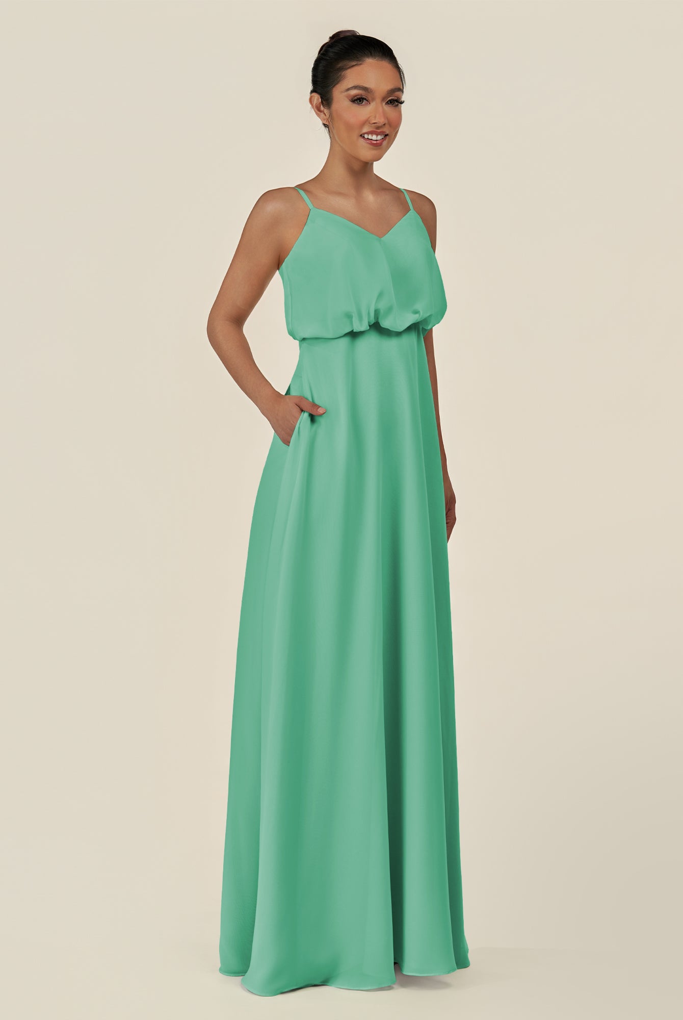 KissDress-Alix Turquoise A Line Chiffon V Neck Ruffled Overlay Long Bridesmaid Dress