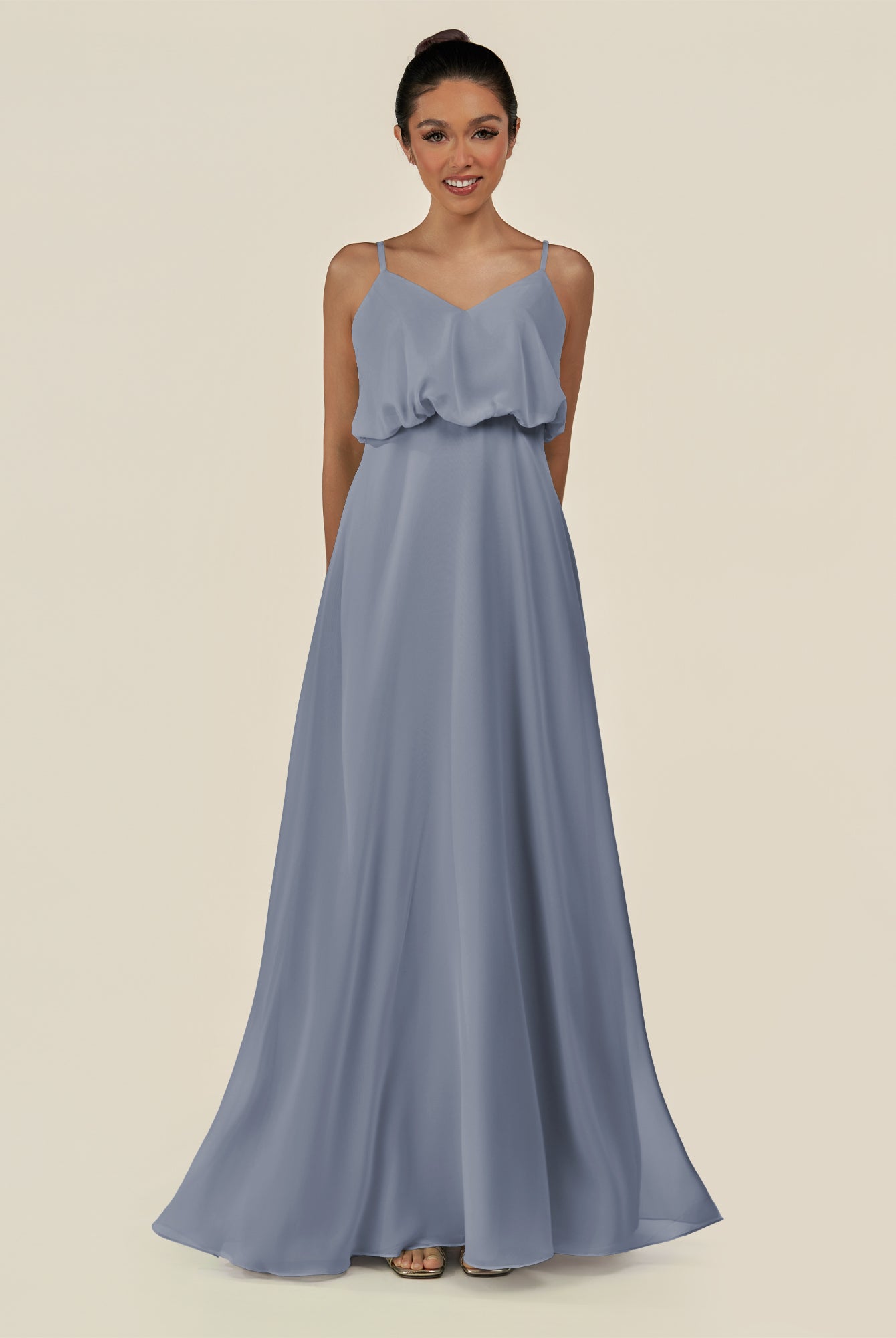 KissDress-Alix Twilight A Line Chiffon V Neck Ruffled Overlay Long Bridesmaid Dress