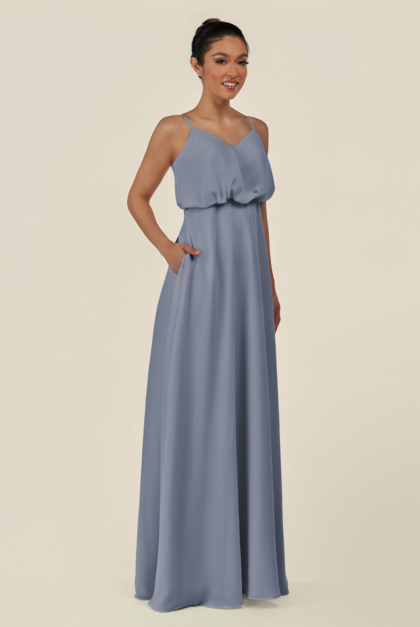 KissDress-Alix Twilight A Line Chiffon V Neck Ruffled Overlay Long Bridesmaid Dress