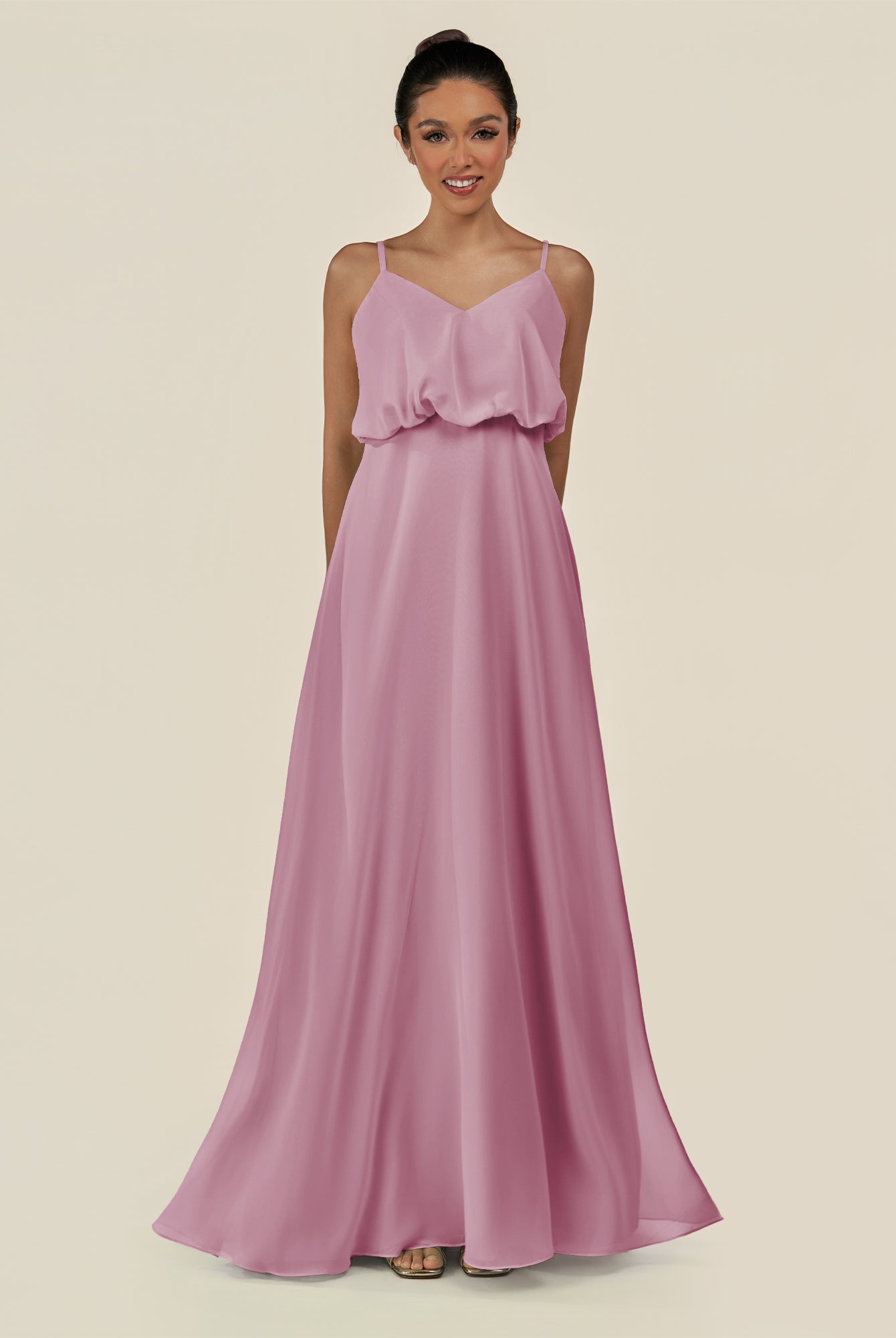 KissDress-Alix Vintage Mauve A Line Chiffon V Neck Ruffled Overlay Long Bridesmaid Dress