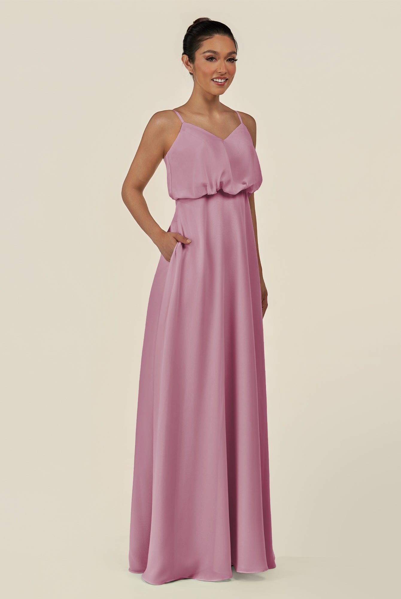 KissDress-Alix Vintage Mauve A Line Chiffon V Neck Ruffled Overlay Long Bridesmaid Dress