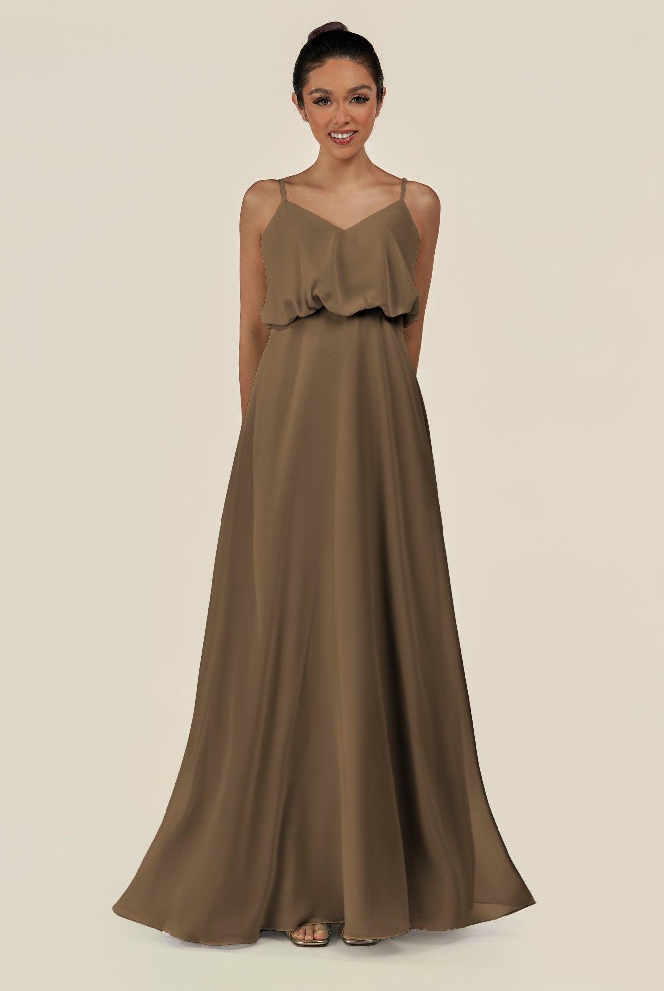 KissDress-Alix Willow Green A Line Chiffon V Neck Ruffled Overlay Long Bridesmaid Dress