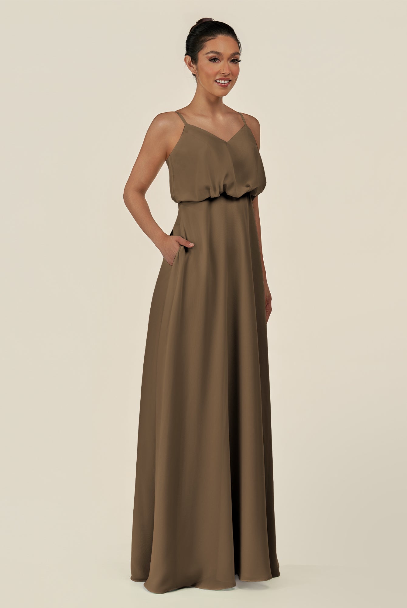 KissDress-Alix Willow Green A Line Chiffon V Neck Ruffled Overlay Long Bridesmaid Dress