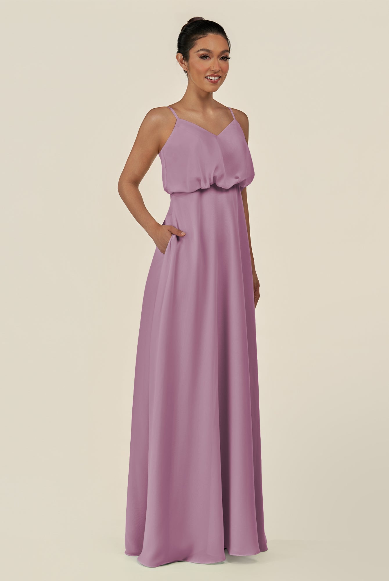 KissDress-Alix Wisteria A Line Chiffon V Neck Ruffled Overlay Long Bridesmaid Dress