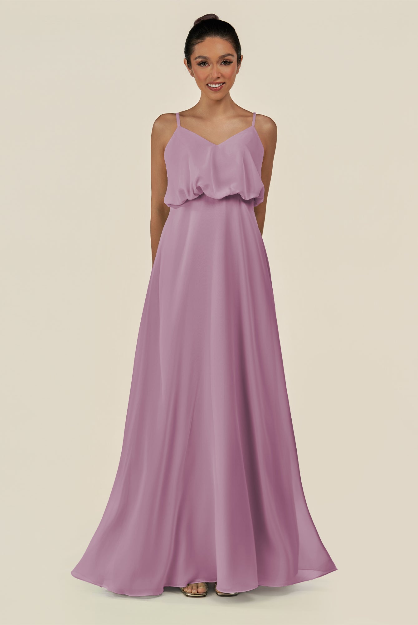 KissDress-Alix Wisteria A Line Chiffon V Neck Ruffled Overlay Long Bridesmaid Dress