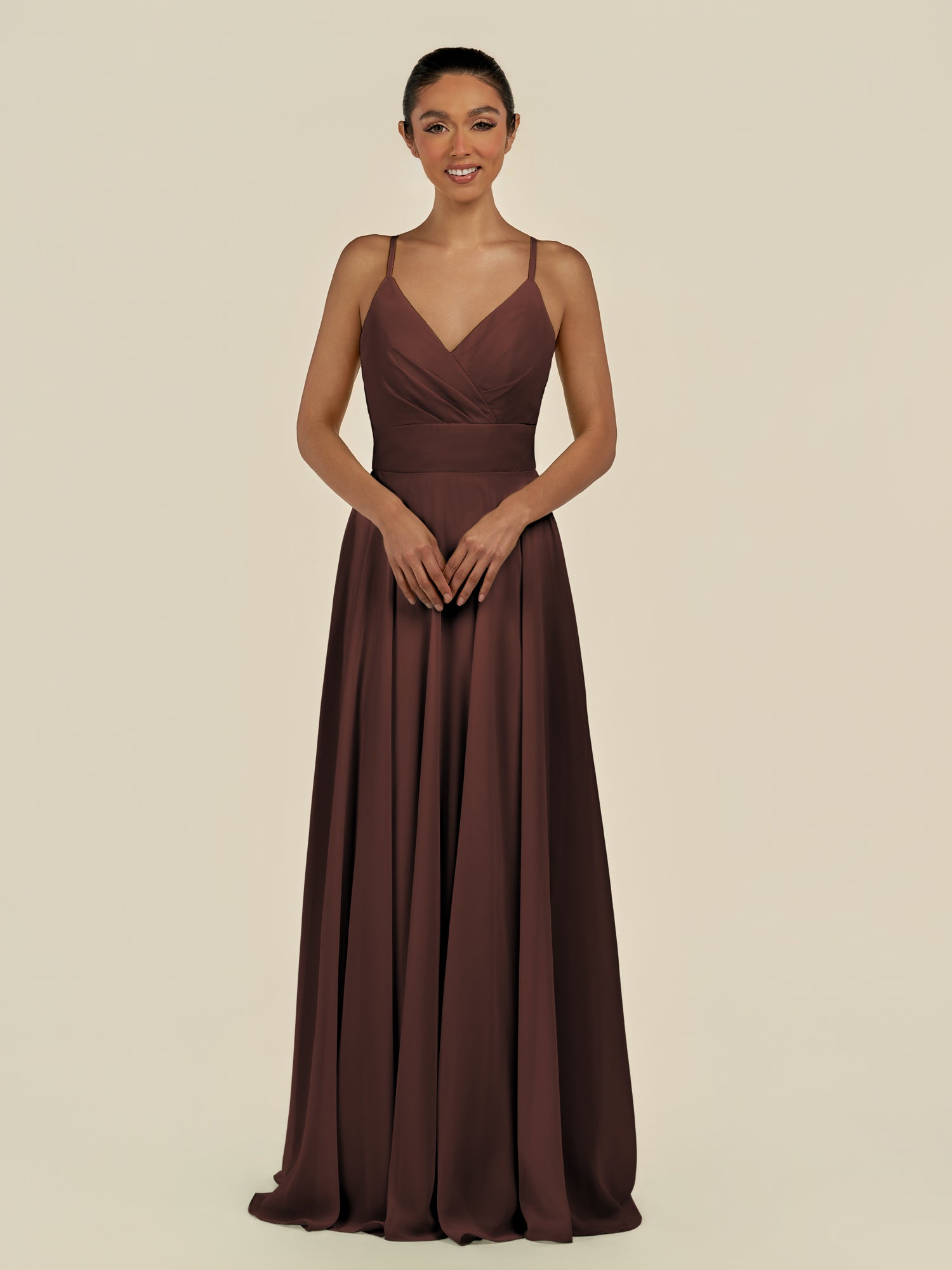 KissDress-Amirae Espresso A Line Chiffon V Neck Long Bridesmaid Dress with Cinched Waistline