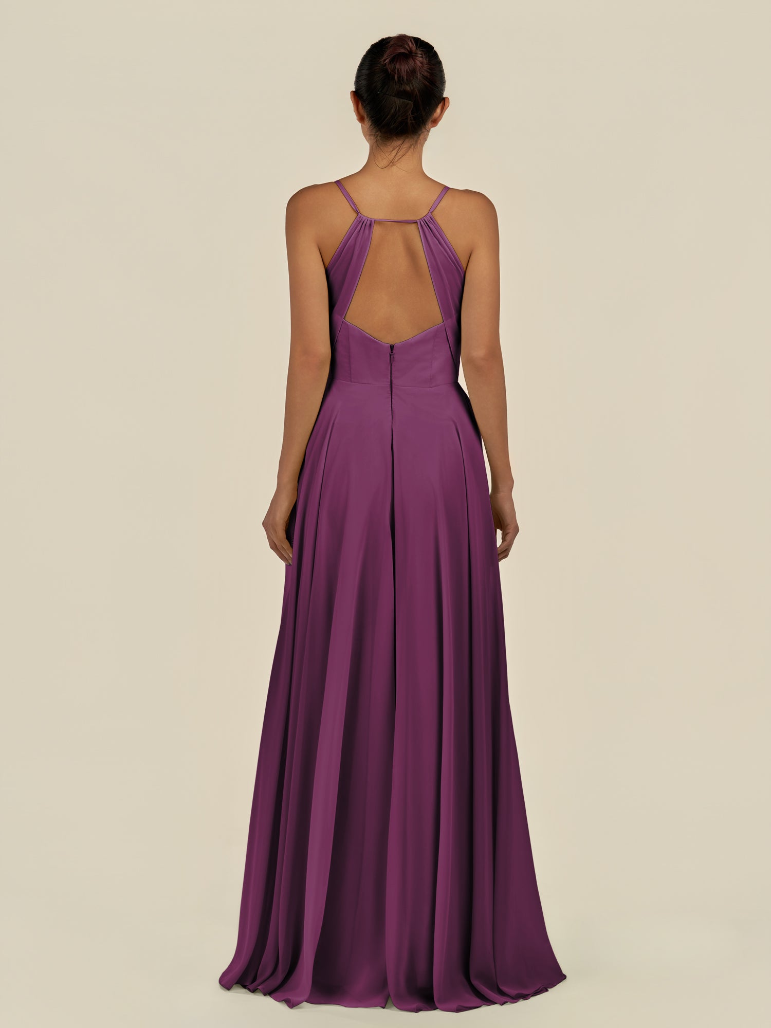 KissDress-Amirae Fig A Line Chiffon V Neck Long Bridesmaid Dress with Cinched Waistline