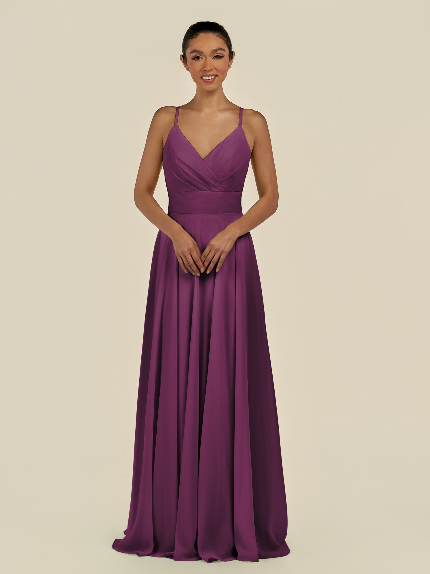 KissDress-Amirae Fig A Line Chiffon V Neck Long Bridesmaid Dress with Cinched Waistline