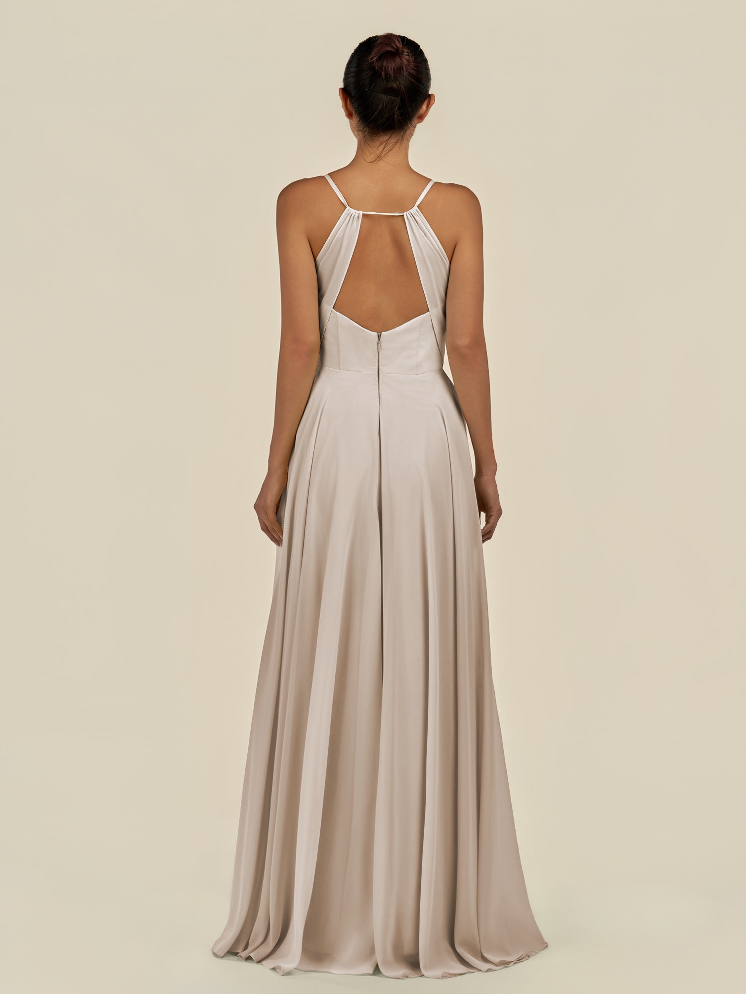 KissDress-Amirae Frost A Line Chiffon V Neck Long Bridesmaid Dress with Cinched Waistline