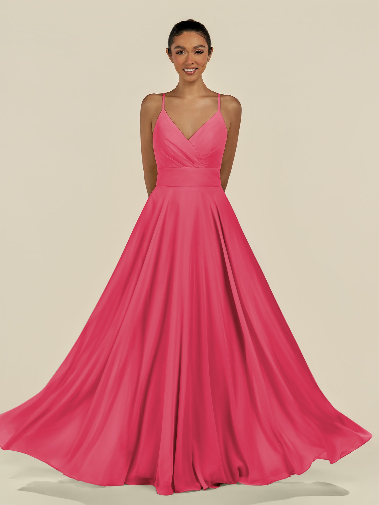 KissDress-Amirae Fuchsia A Line Chiffon V Neck Long Bridesmaid Dress with Cinched Waistline