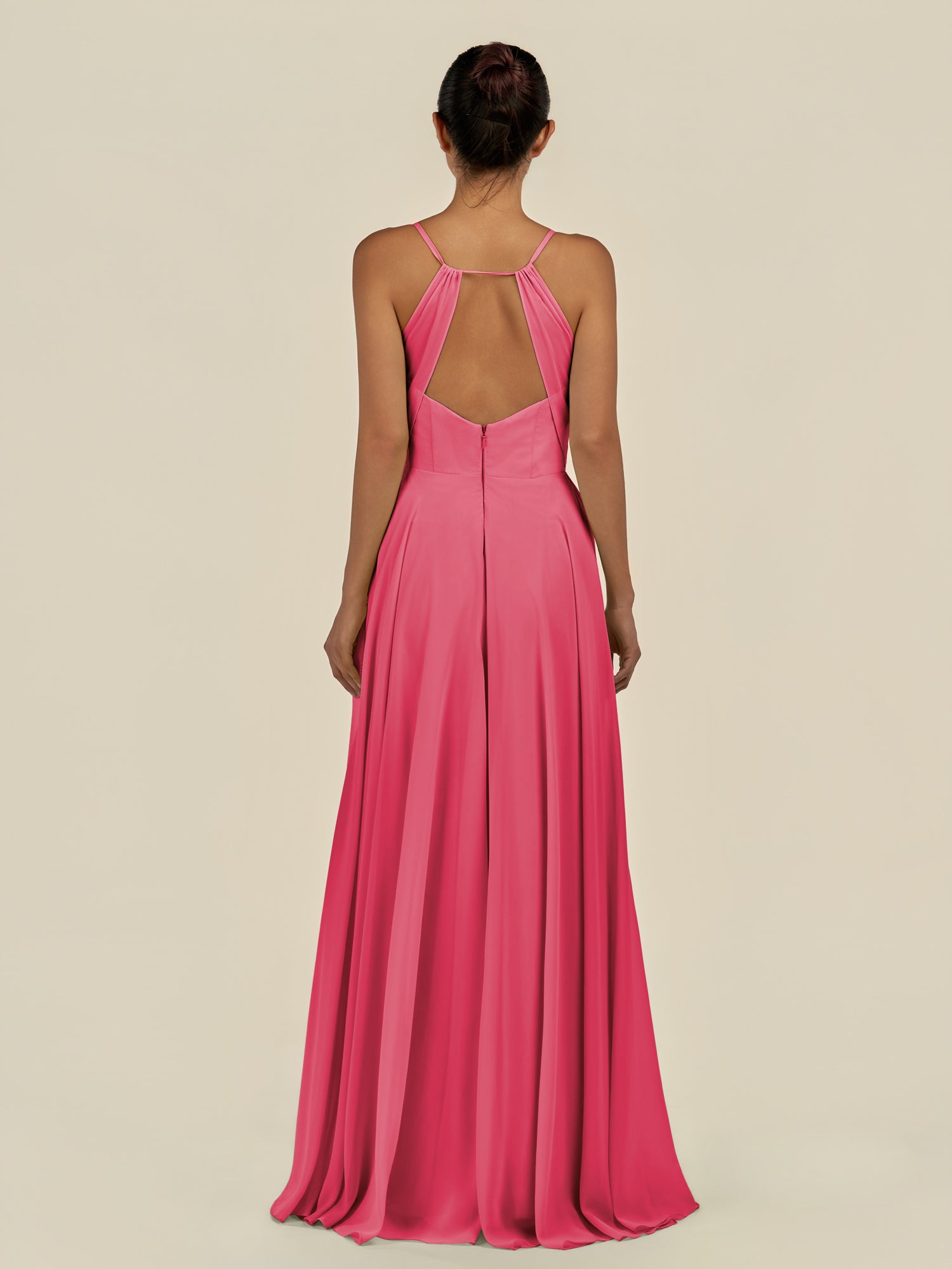 KissDress-Amirae Fuchsia A Line Chiffon V Neck Long Bridesmaid Dress with Cinched Waistline