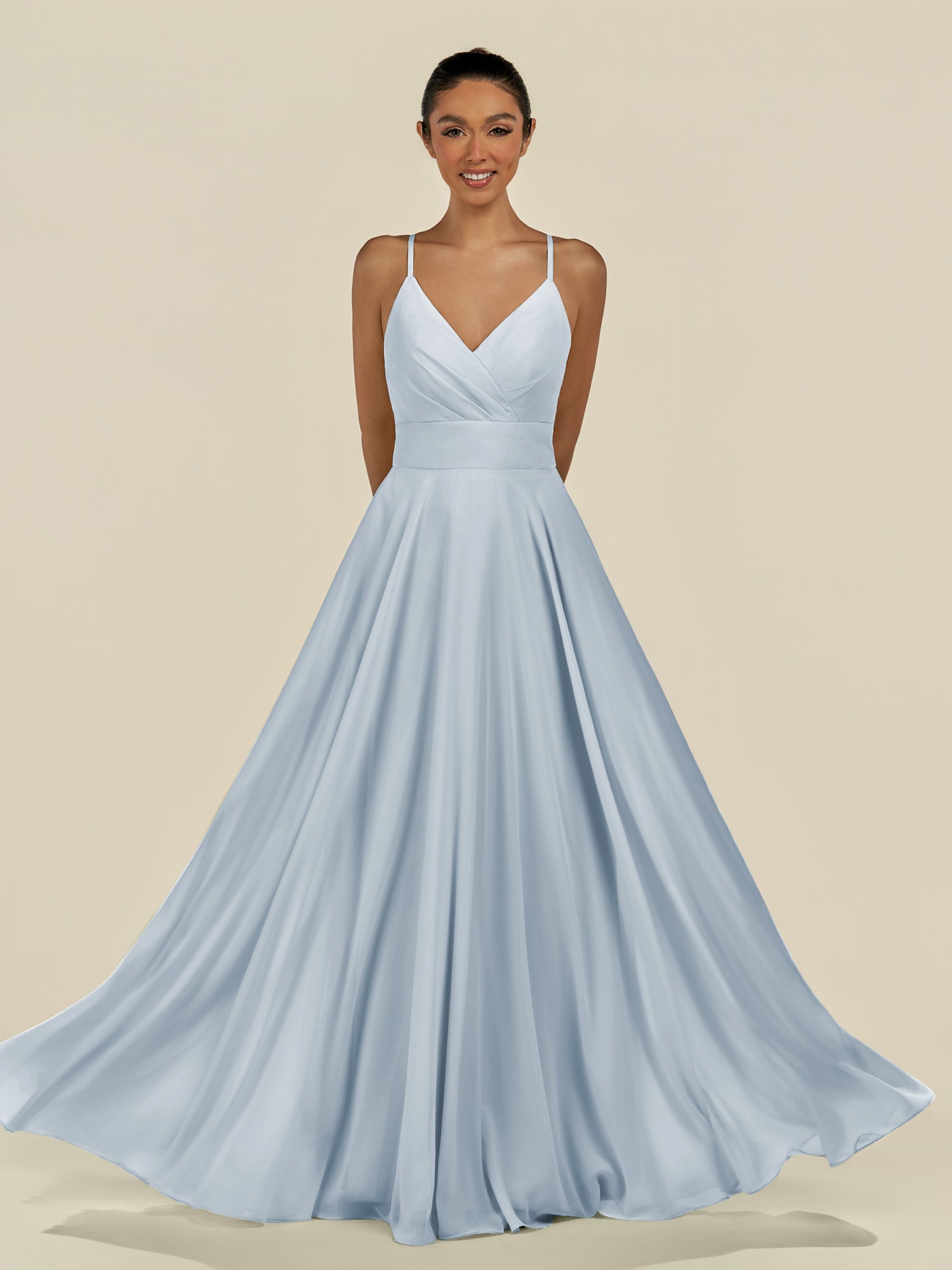 KissDress-Amirae Ice A Line Chiffon V Neck Long Bridesmaid Dress with Cinched Waistline