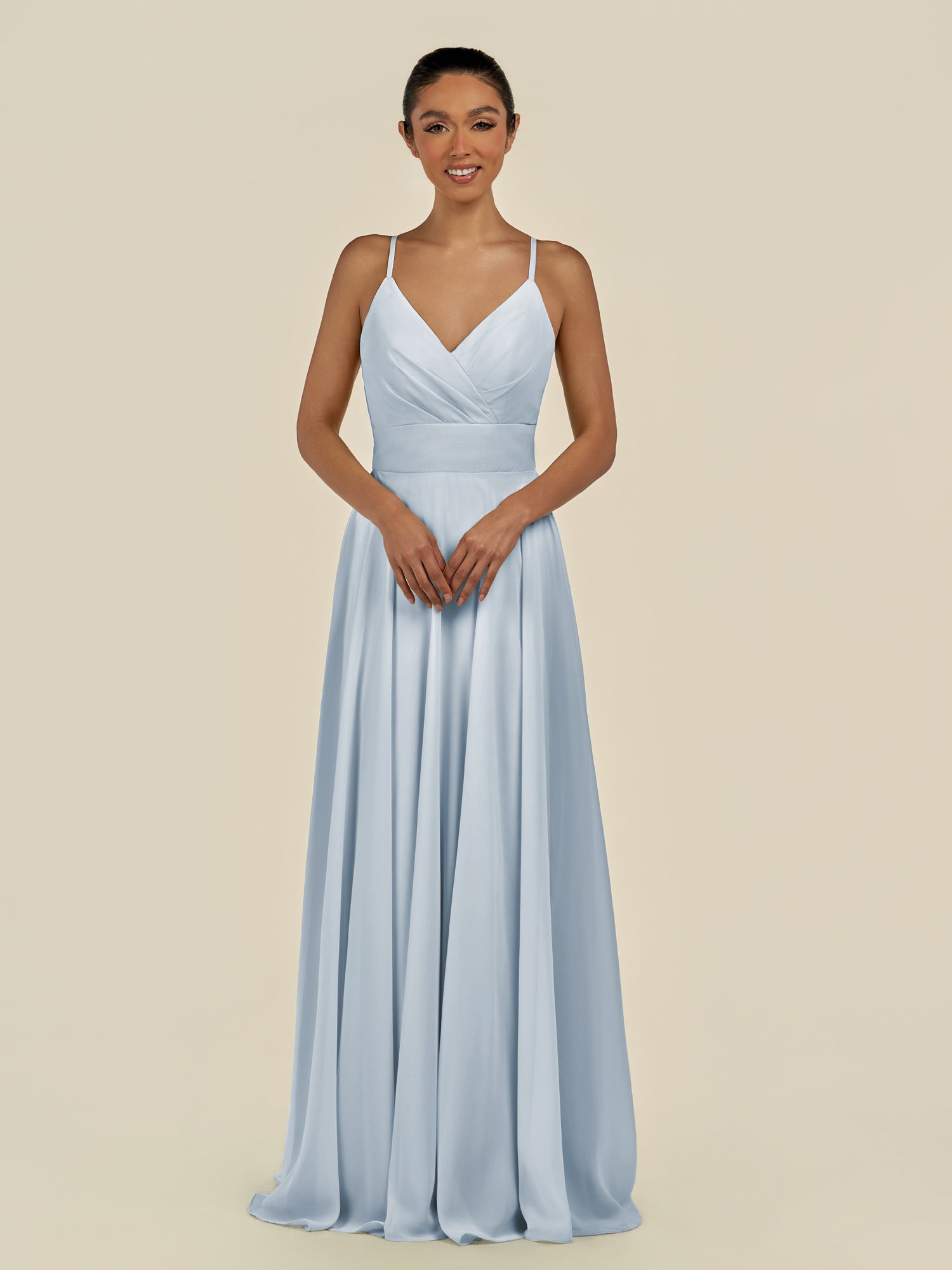 KissDress-Amirae Ice A Line Chiffon V Neck Long Bridesmaid Dress with Cinched Waistline
