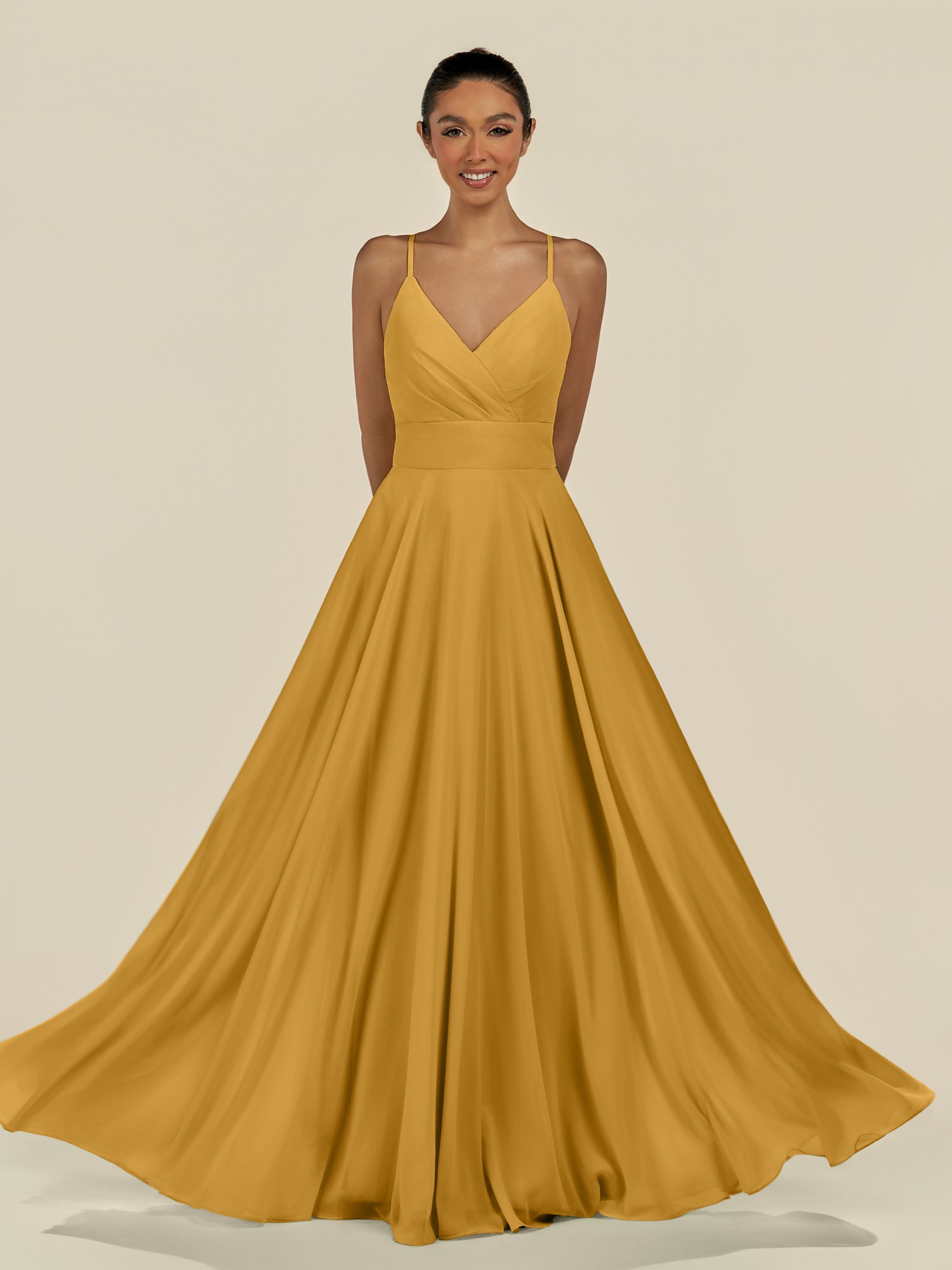 KissDress-Amirae Marigold A Line Chiffon V Neck Long Bridesmaid Dress with Cinched Waistline