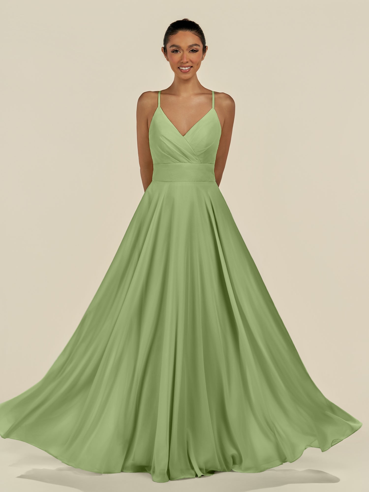 KissDress-Amirae Matcha A Line Chiffon V Neck Long Bridesmaid Dress with Cinched Waistline