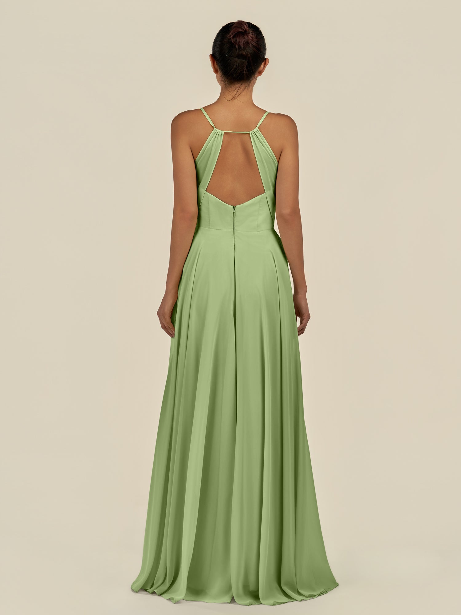 KissDress-Amirae Matcha A Line Chiffon V Neck Long Bridesmaid Dress with Cinched Waistline