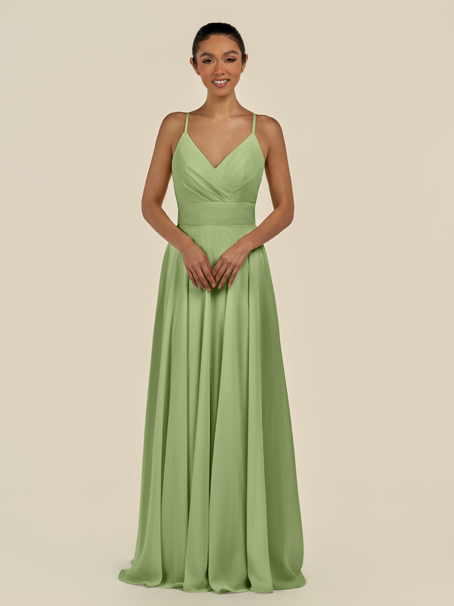 KissDress-Amirae Matcha A Line Chiffon V Neck Long Bridesmaid Dress with Cinched Waistline