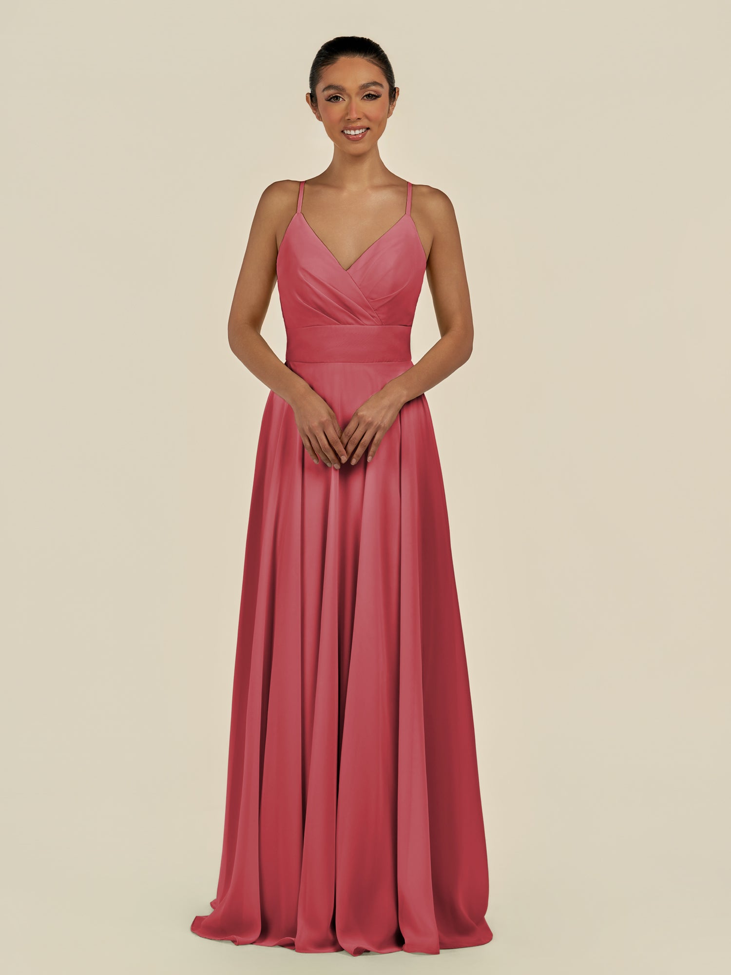 KissDress-Amirae Merlot A Line Chiffon V Neck Long Bridesmaid Dress with Cinched Waistline