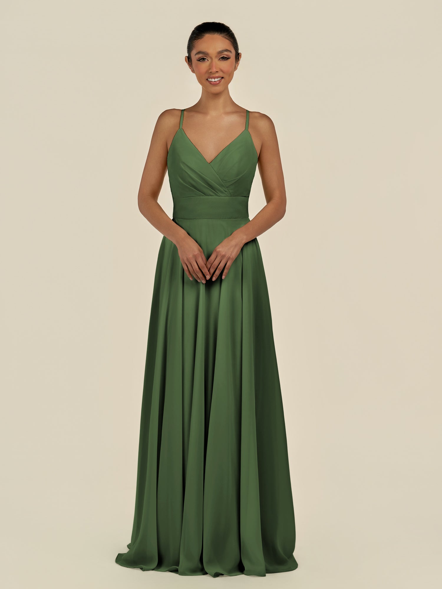 KissDress-Amirae Moss A Line Chiffon V Neck Long Bridesmaid Dress with Cinched Waistline