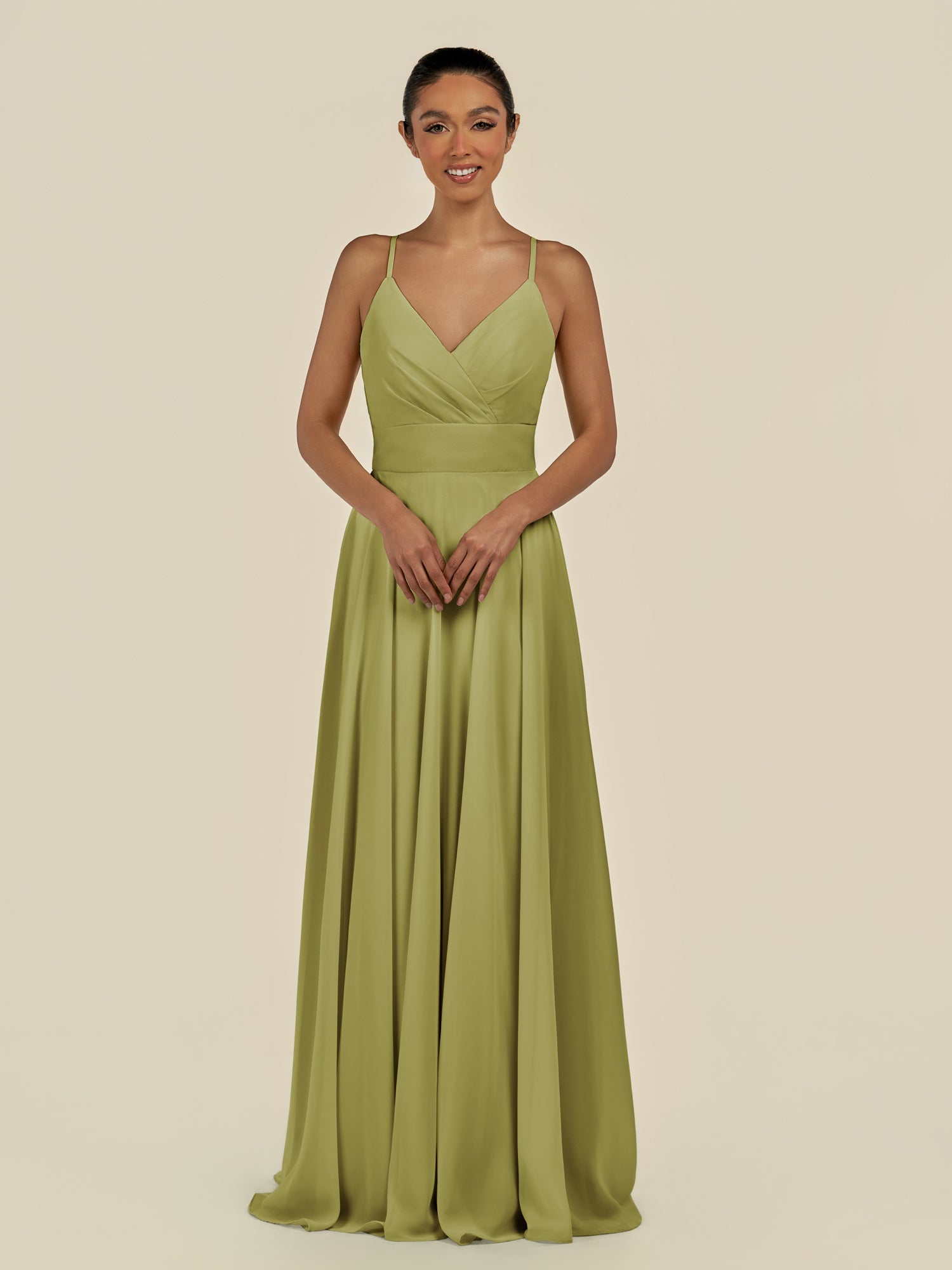 KissDress-Amirae Moss Green A Line Chiffon V Neck Long Bridesmaid Dress with Cinched Waistline