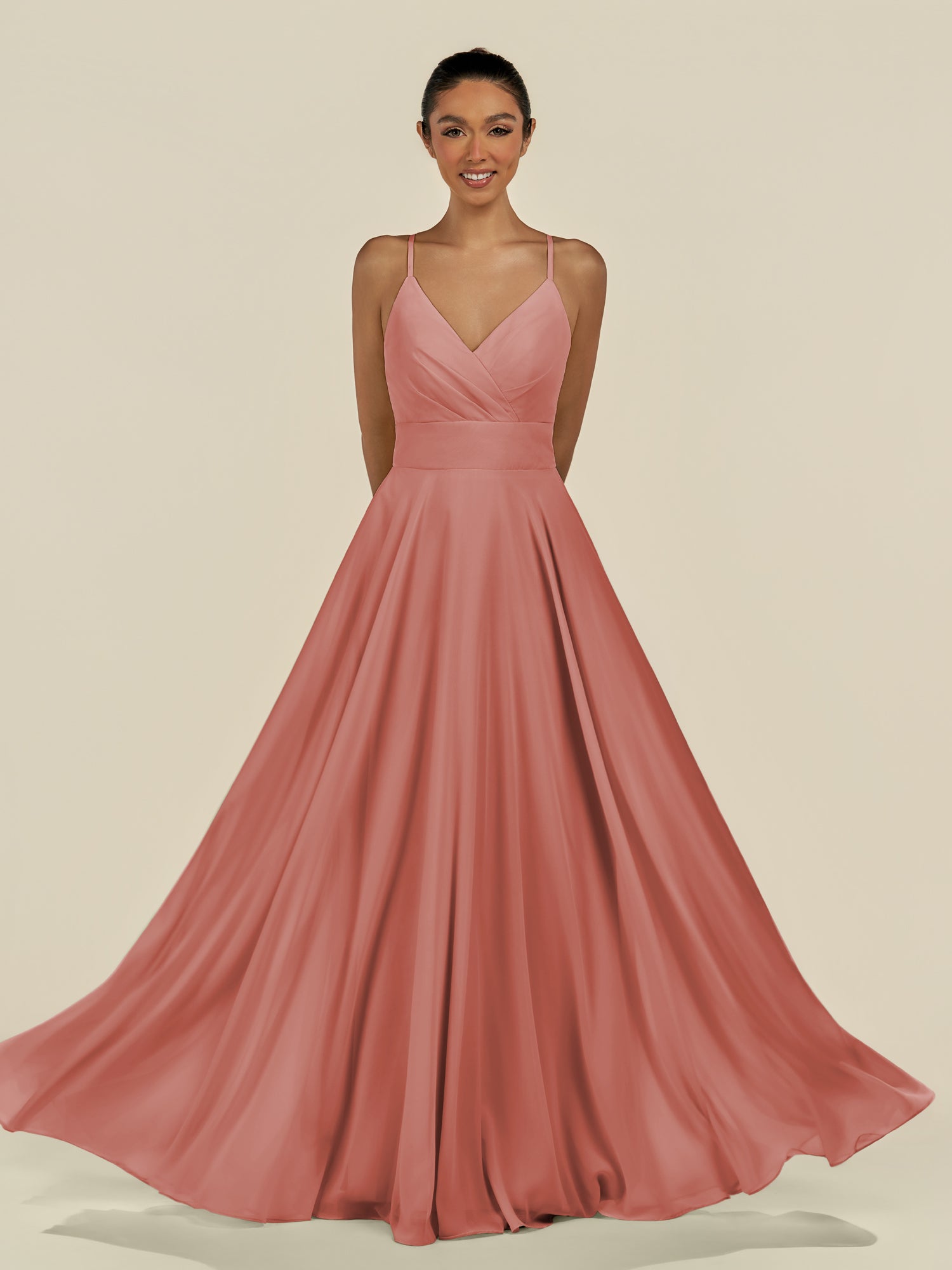 KissDress-Amirae Mulberry A Line Chiffon V Neck Long Bridesmaid Dress with Cinched Waistline