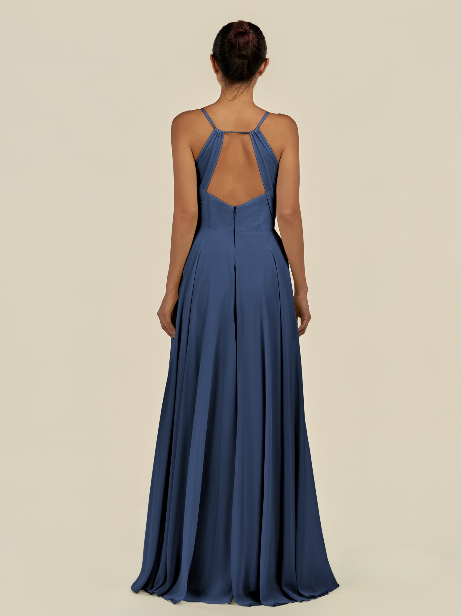 KissDress-Amirae Navy A Line Chiffon V Neck Long Bridesmaid Dress with Cinched Waistline