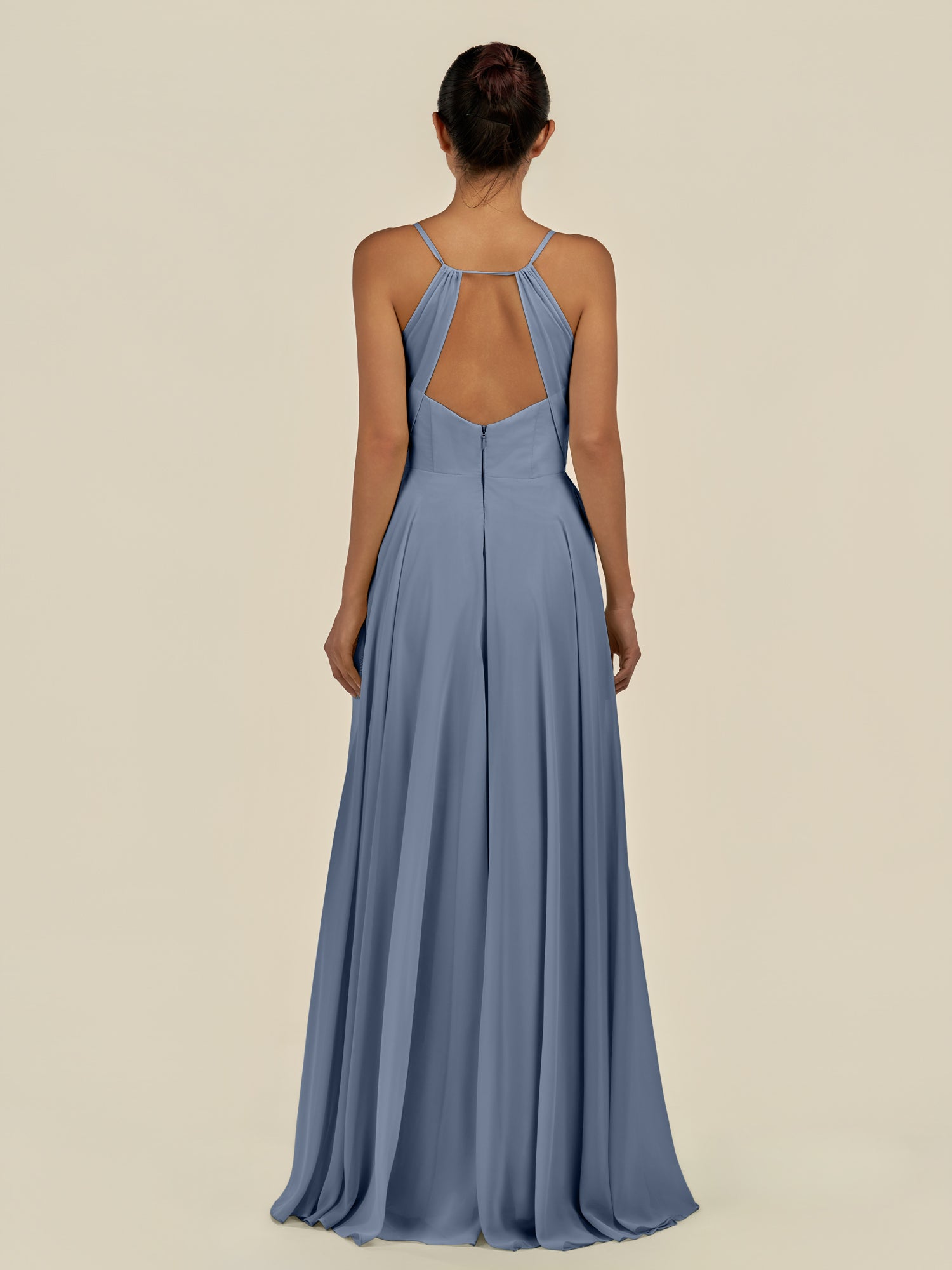 KissDress-Amirae Neptune A Line Chiffon V Neck Long Bridesmaid Dress with Cinched Waistline