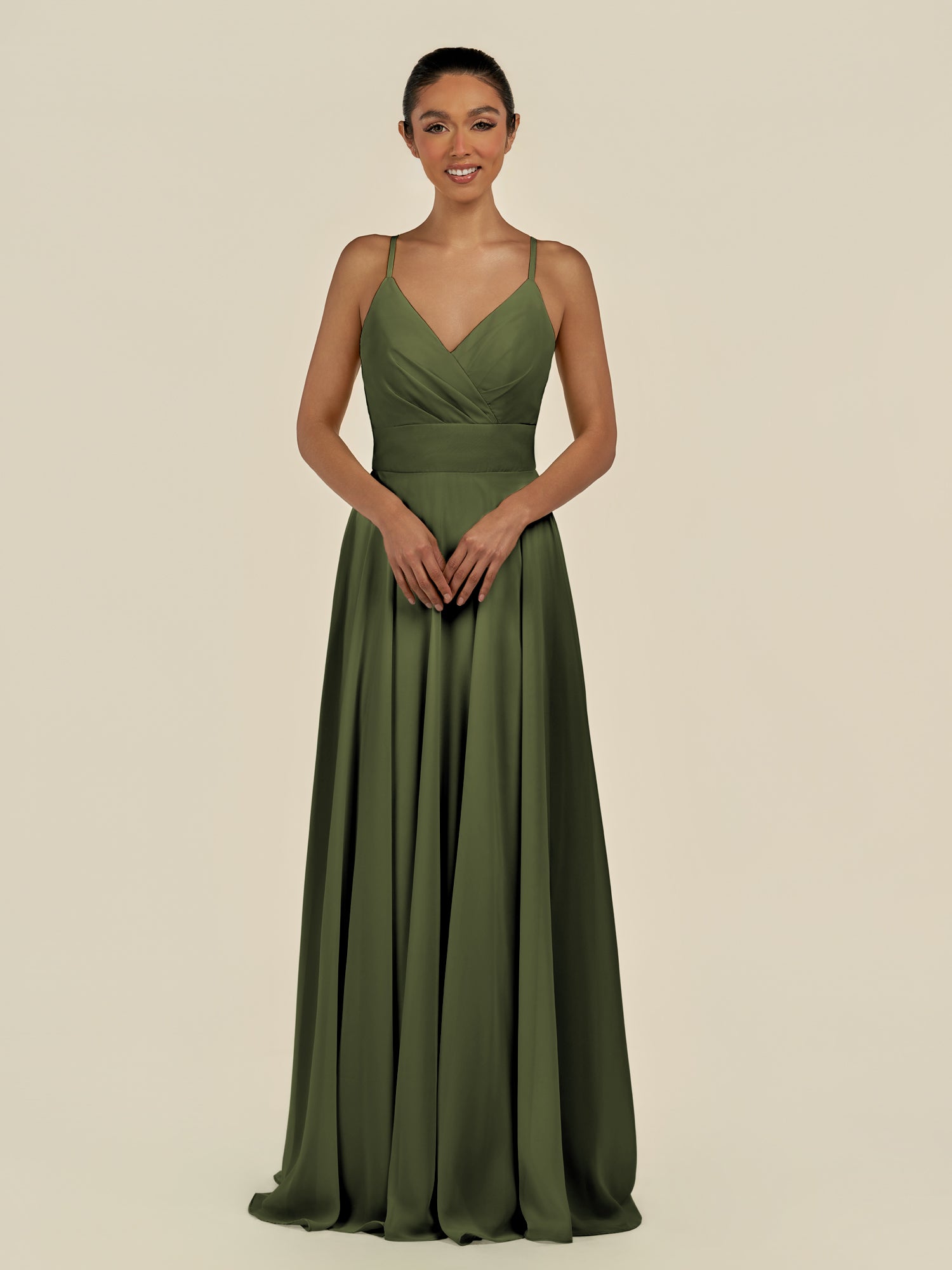 KissDress-Amirae Olive A Line Chiffon V Neck Long Bridesmaid Dress with Cinched Waistline