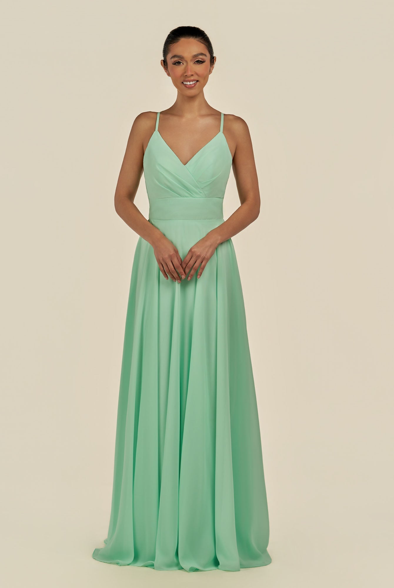 KissDress-Amirae Pale Pistachio A Line Chiffon V Neck Long Bridesmaid Dress with Cinched Waistline