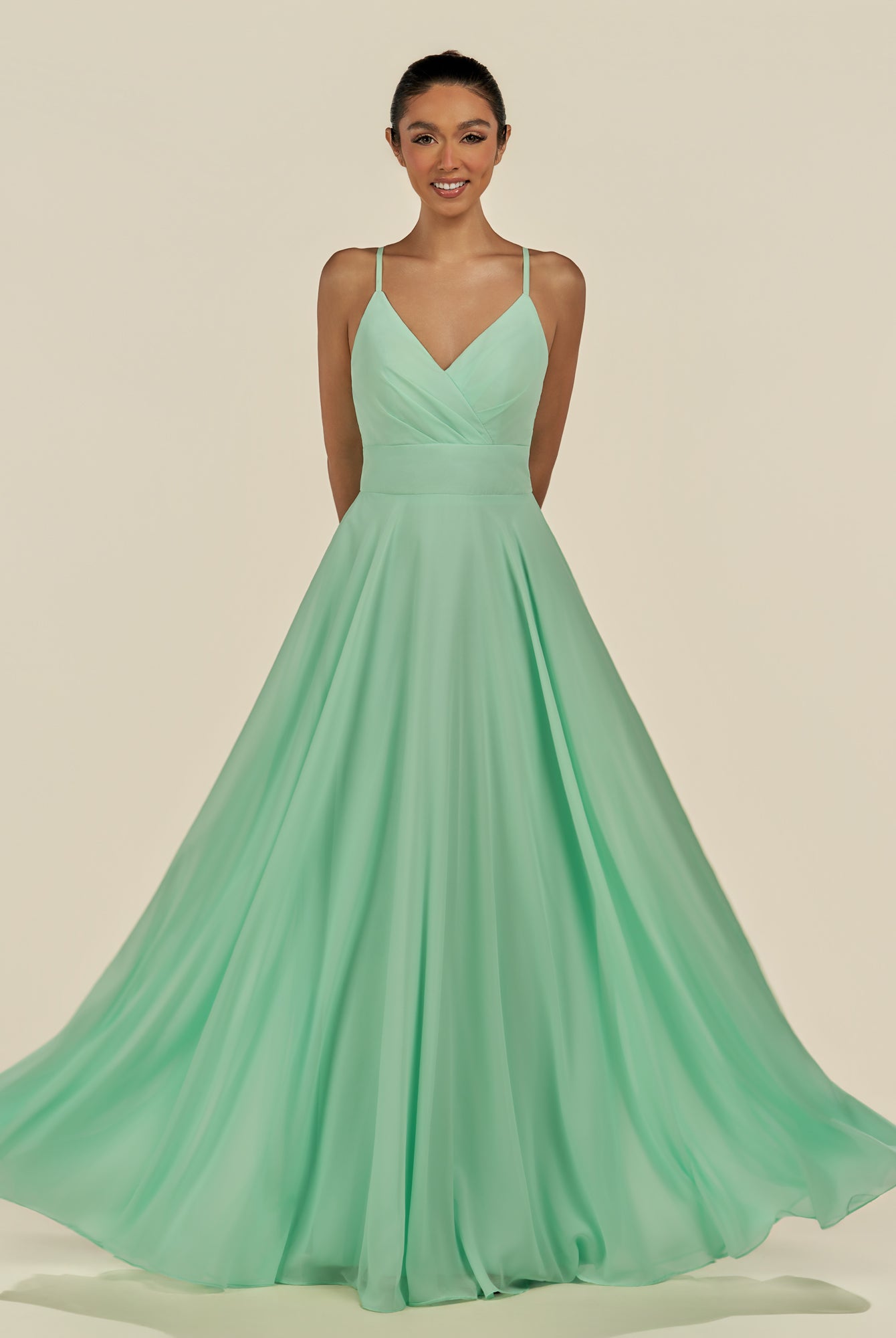 KissDress-Amirae Pale Pistachio A Line Chiffon V Neck Long Bridesmaid Dress with Cinched Waistline