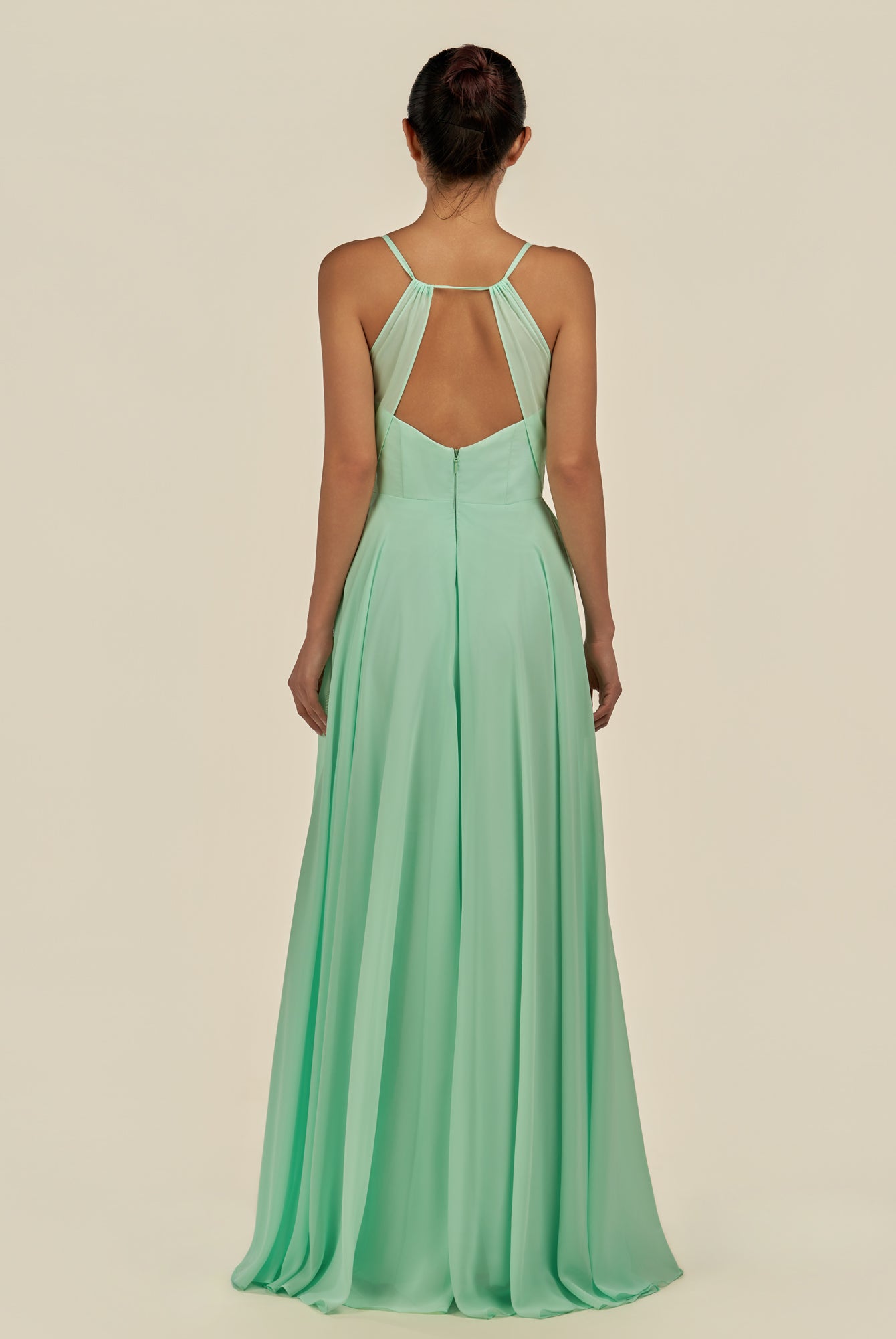 KissDress-Amirae Pale Pistachio A Line Chiffon V Neck Long Bridesmaid Dress with Cinched Waistline