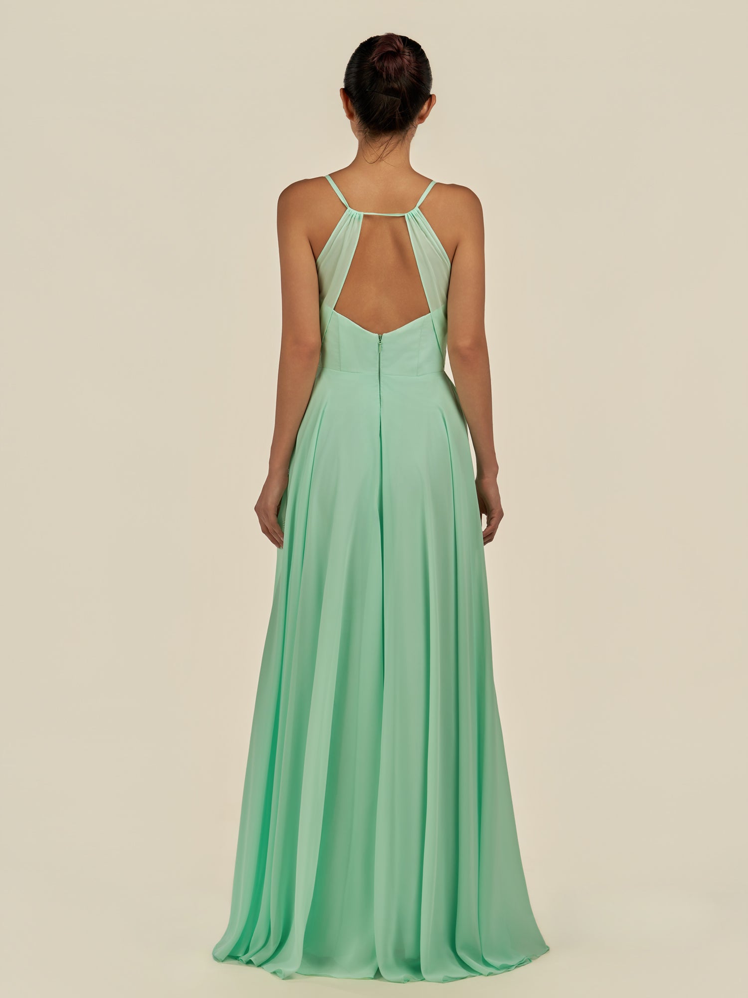 KissDress-Amirae Pale Pistachio A Line Chiffon V Neck Long Bridesmaid Dress with Cinched Waistline