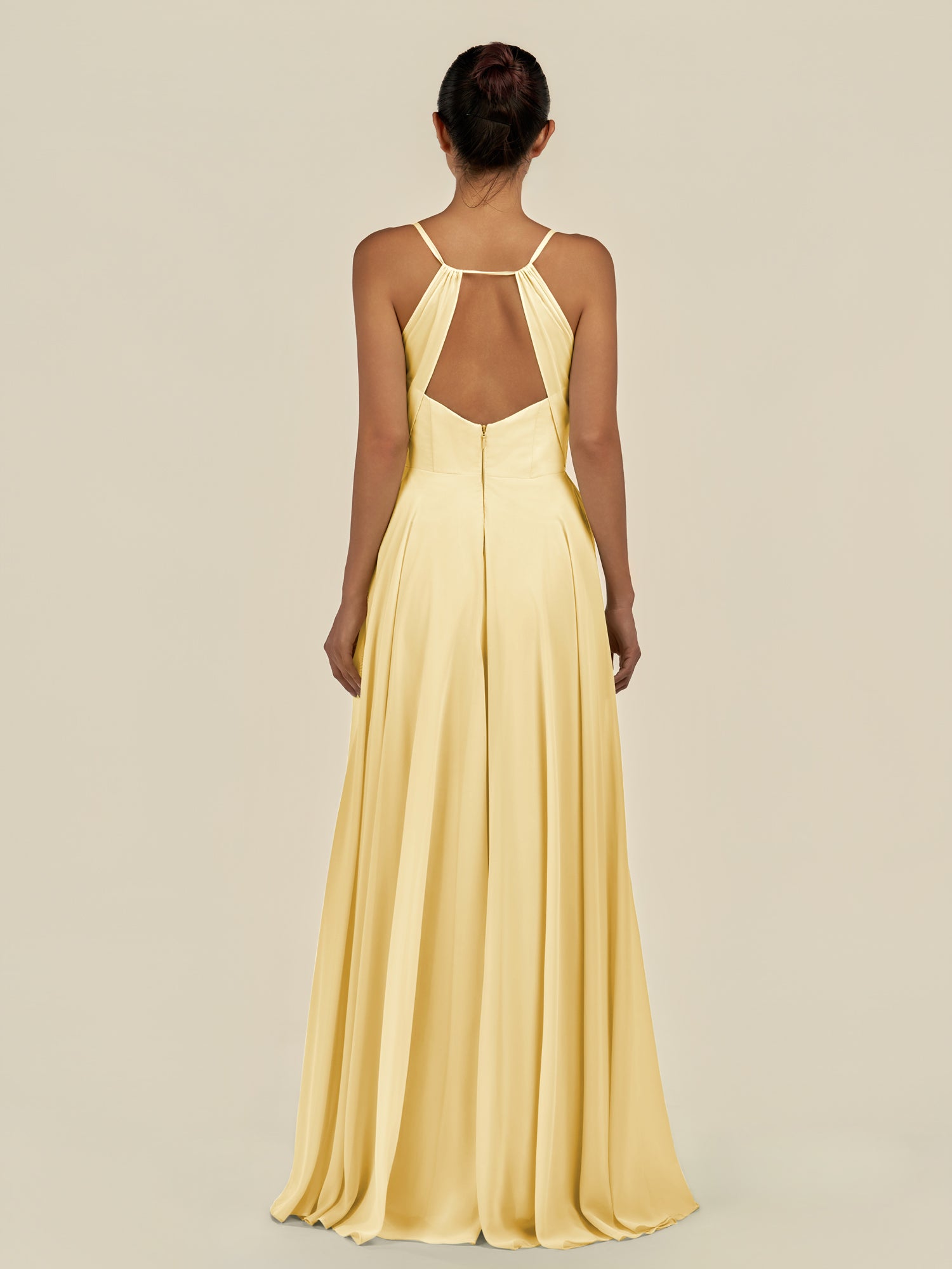 KissDress-Amirae Pastel Yellow A Line Chiffon V Neck Long Bridesmaid Dress with Cinched Waistline