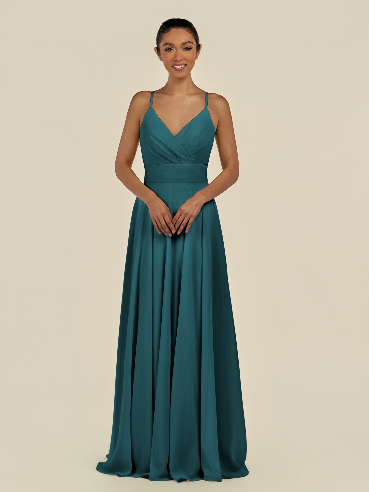 KissDress-Amirae Pine A Line Chiffon V Neck Long Bridesmaid Dress with Cinched Waistline