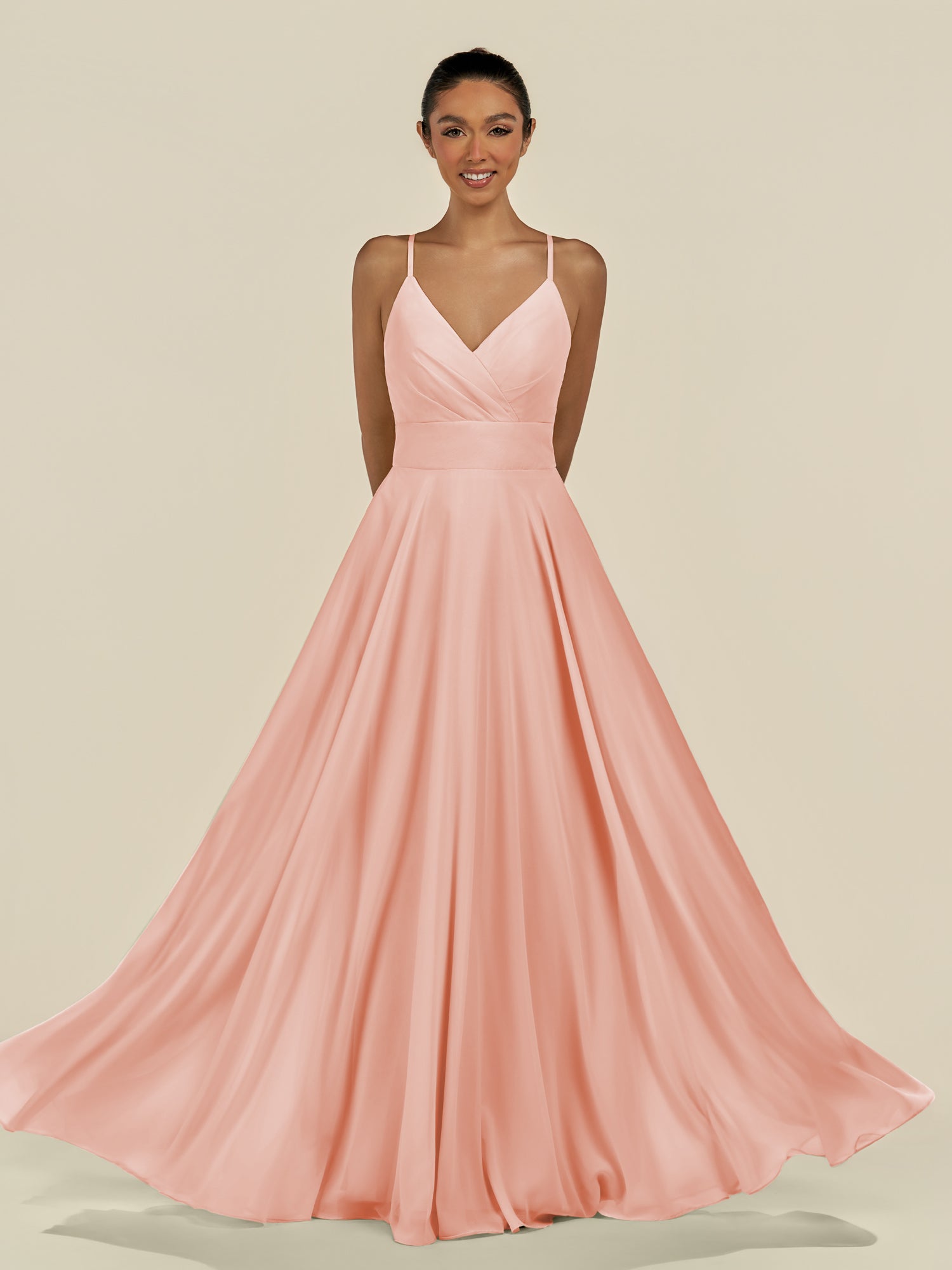 KissDress-Amirae Rose Petal A Line Chiffon V Neck Long Bridesmaid Dress with Cinched Waistline
