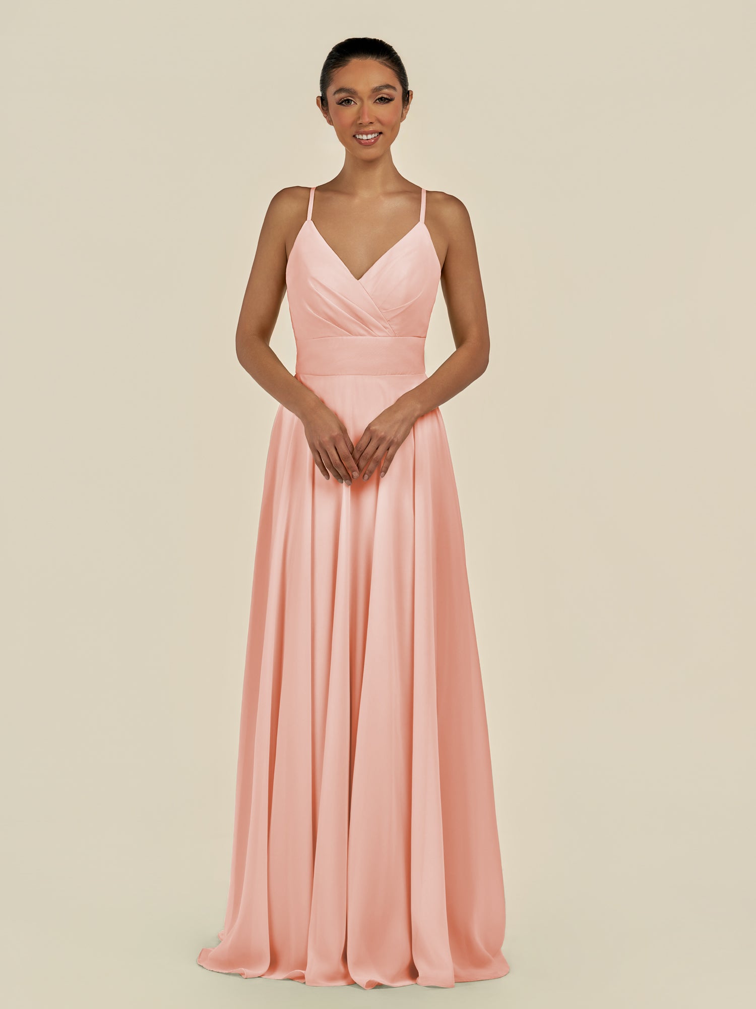 KissDress-Amirae Rose Petal A Line Chiffon V Neck Long Bridesmaid Dress with Cinched Waistline