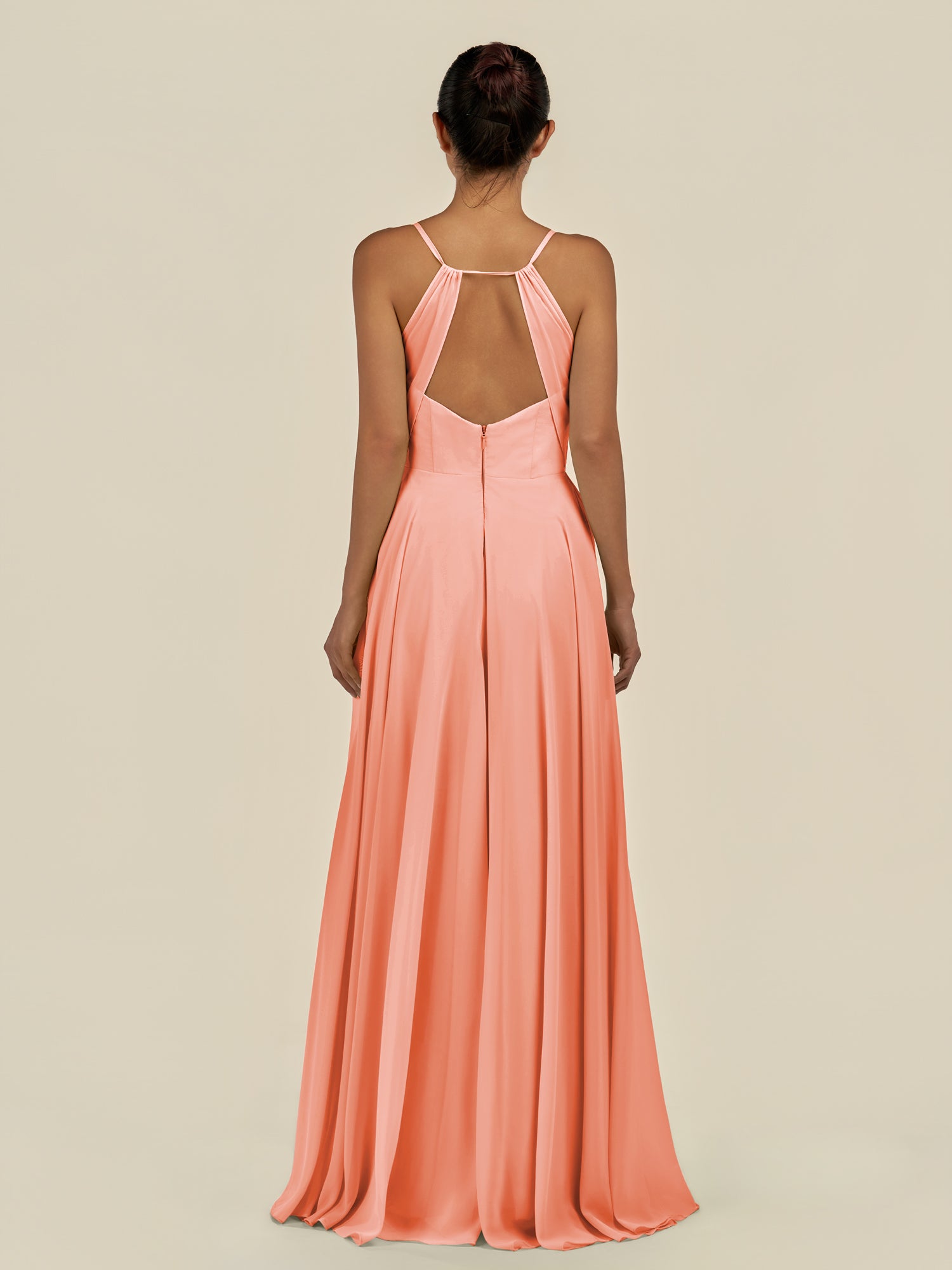 KissDress-Amirae Rosette A Line Chiffon V Neck Long Bridesmaid Dress with Cinched Waistline