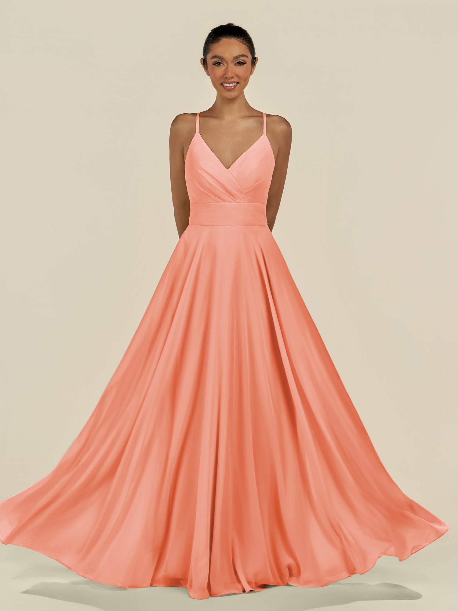KissDress-Amirae Rosette A Line Chiffon V Neck Long Bridesmaid Dress with Cinched Waistline