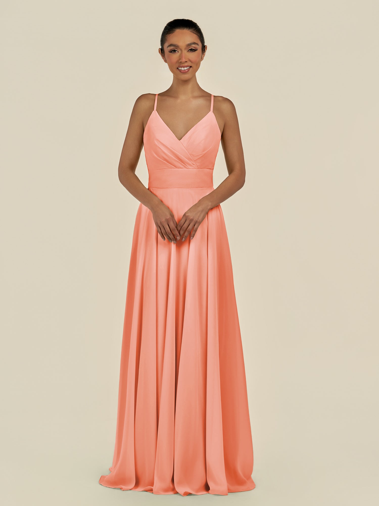 KissDress-Amirae Rosette A Line Chiffon V Neck Long Bridesmaid Dress with Cinched Waistline