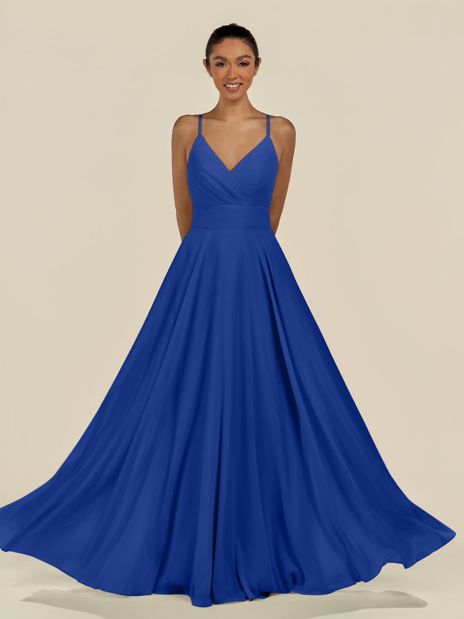 KissDress-Amirae Royal Blue A Line Chiffon V Neck Long Bridesmaid Dress with Cinched Waistline