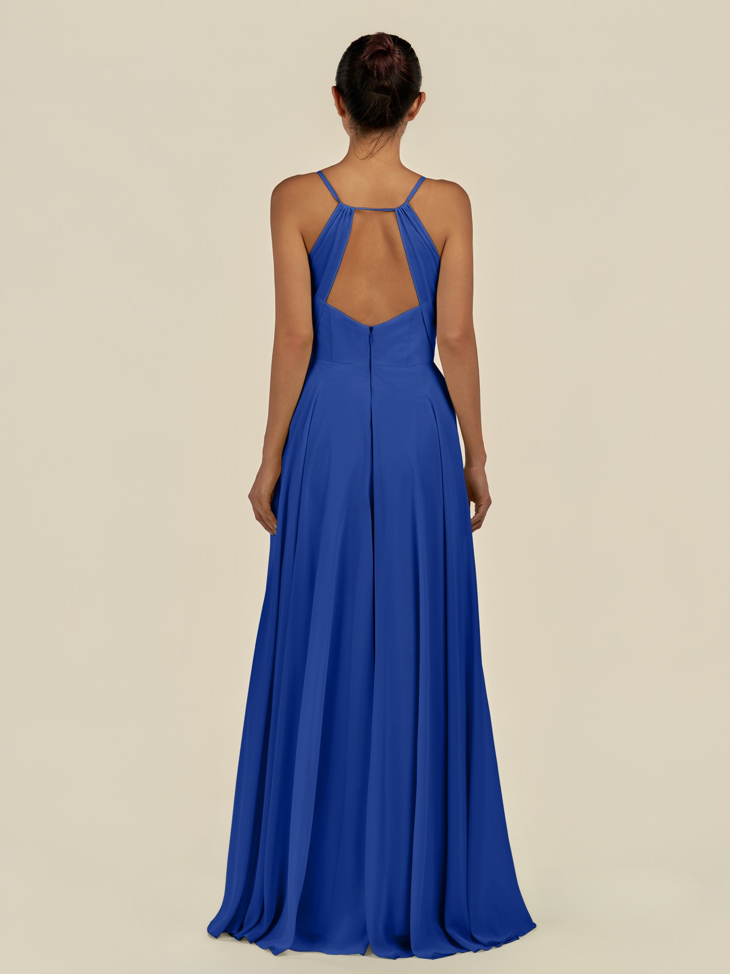 KissDress-Amirae Royal Blue A Line Chiffon V Neck Long Bridesmaid Dress with Cinched Waistline